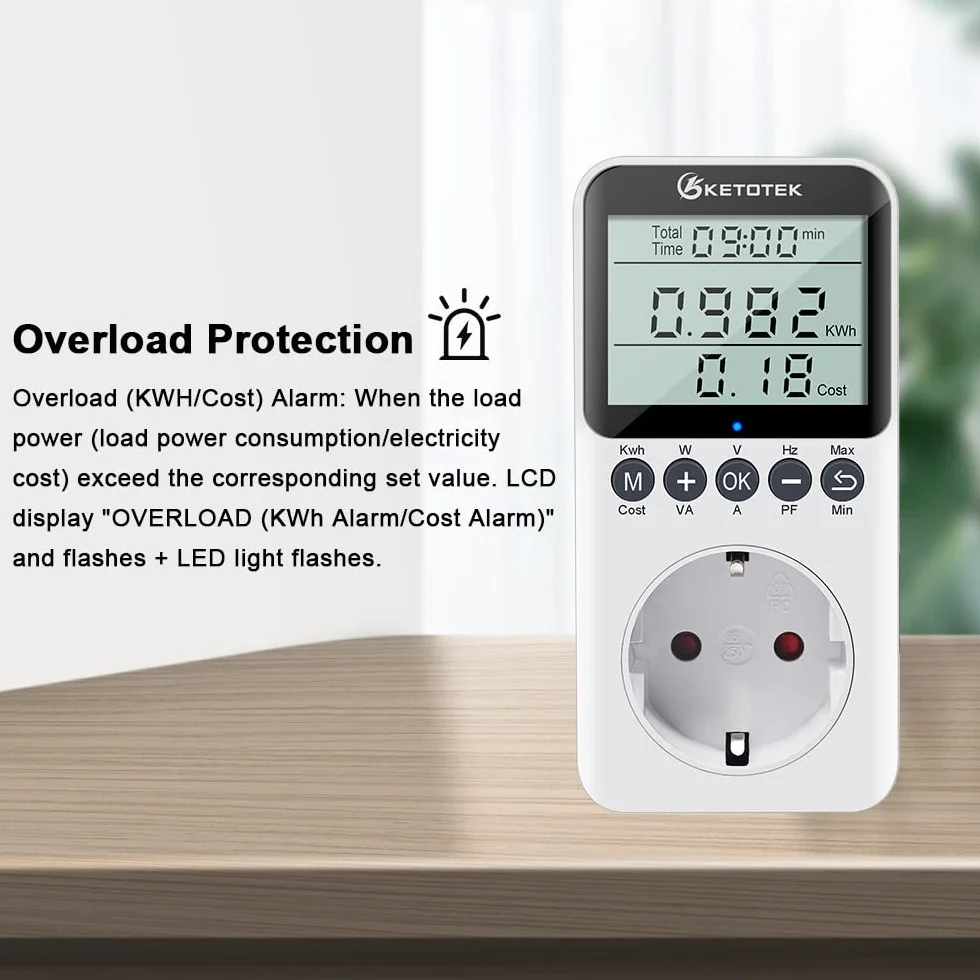 KETOTEK Medidor de Consumo Electrico, Enchufe Medidor de Energía con Pantalla LCD, Reteción de Datos Medidor de Costo de Electricidad 3680W Protección contra Sobrecarga