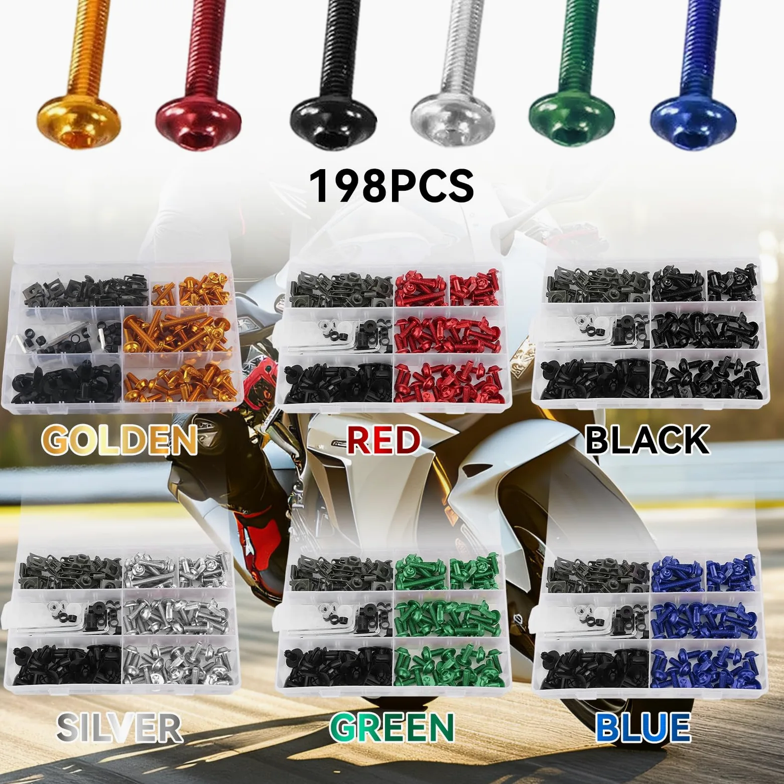 Kit Pernos Carenado Motocicleta, Juego 198 Piezas Tornillos M5 M6 Parabrisas Sujetadores Coloridos Aluminio para Montaje Carenas Motos