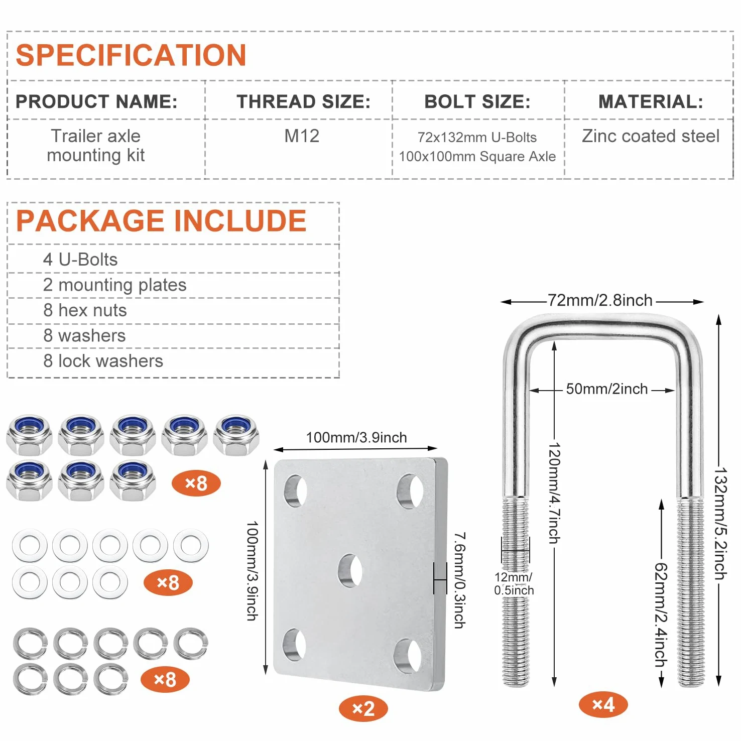 U-Bügel U-Schraube Bügelschraube mit Gewinde M12 50x130mm 2 Sets Quadrat U-bolzen für Bootsanhänger Hochleistungsstahl Bügelbolzen für Auto Abschleppen Schiffen Reparatur
