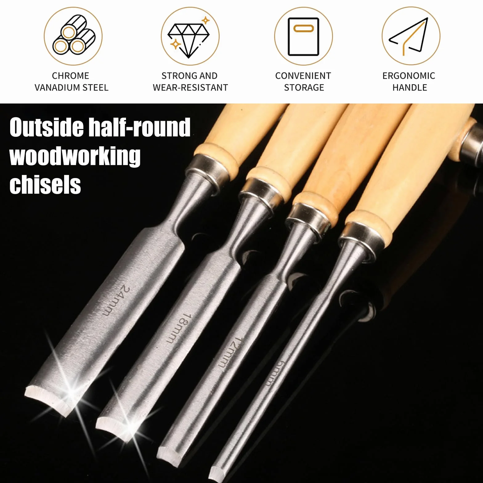 HSS 4pcs Juego De Torneado De Cincel De Torno De Madera Herramientas De Torneado,Juego de Gubias para Tallar Madera 8mm/12mm/18mm/24mm,para Principiantes y Profesionales