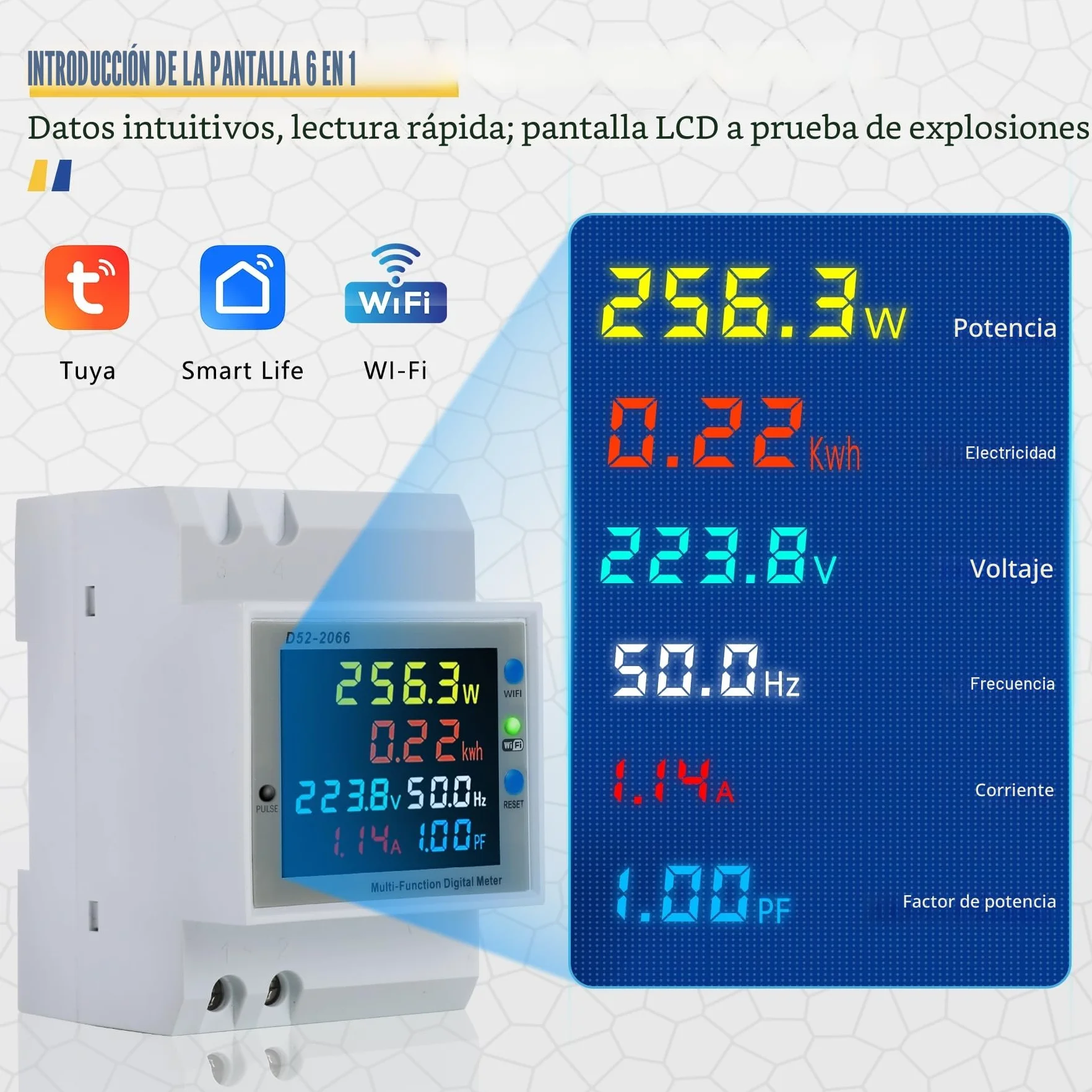 Wifi Medidor de Energía, Contador de Energía Monofásico, Medidor de Energía Digital 6 en 1 AC40~300V 100A Voltímetro Amperímetro Carril Din, Adecuado para la medición del consumo eléctrico