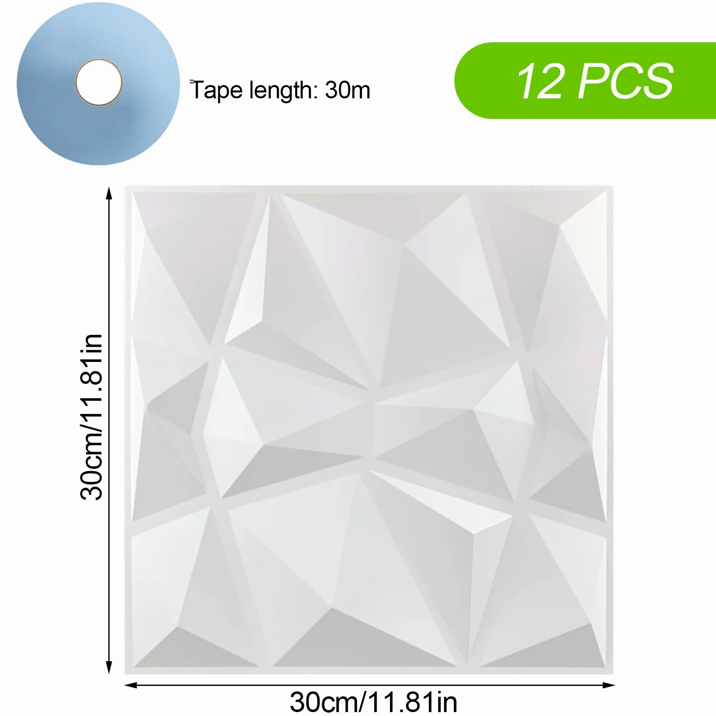 12 Piezas Panel de Pared de 3D Diamante 30 x 30 cm para Decoración de Paneles Decorativos en Blanco, Revestimiento de Paredes PVC, Resistentes al Agua, Resistentes al Calor, Inodoros, Blancos Mate