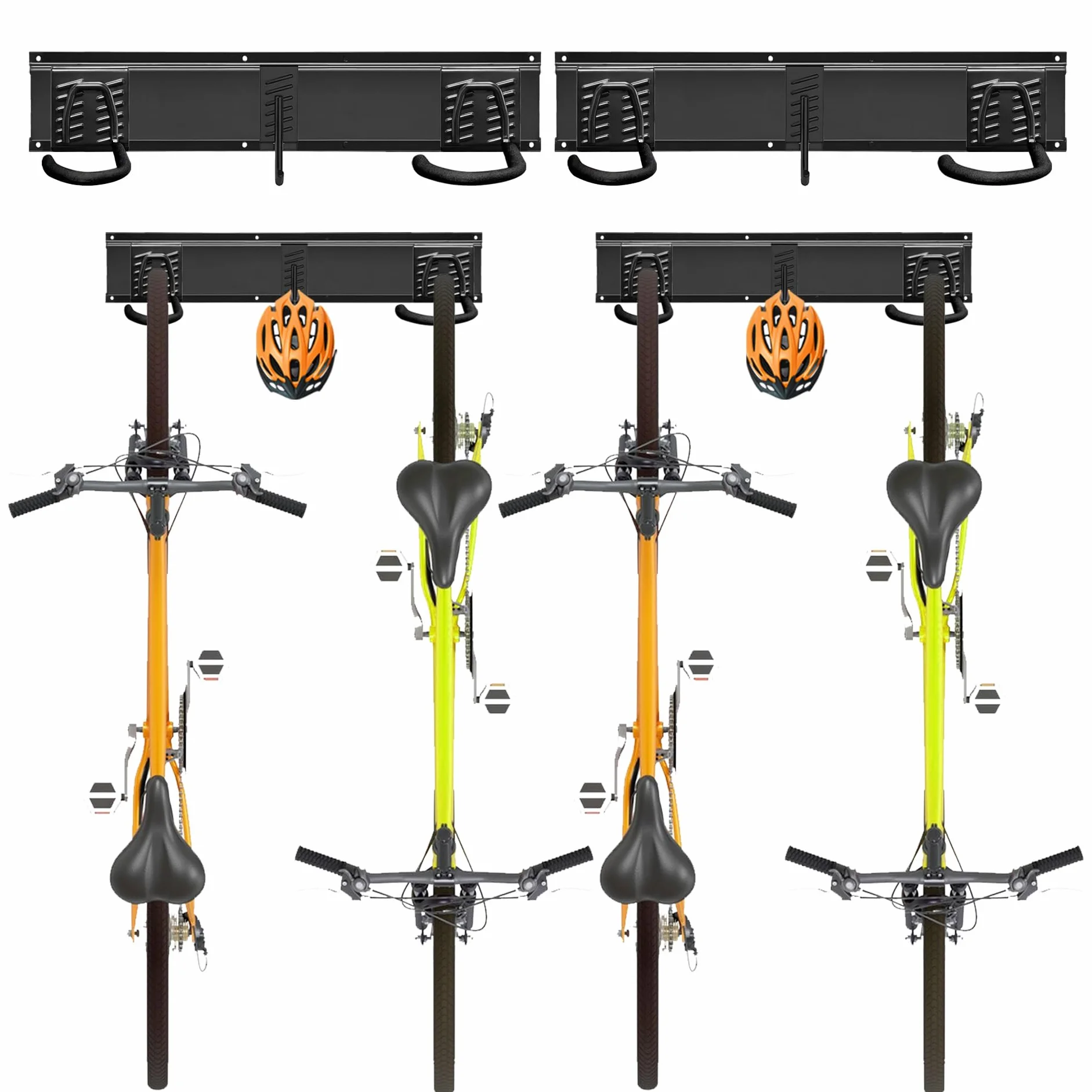 Mimoke Soporte de pared vertical ajustable para bicicleta eléctrica, MTB y bicicleta de carretera, soporte de pared para bicicletas y ganchos para casco (para 4 bicicletas 2 rieles)