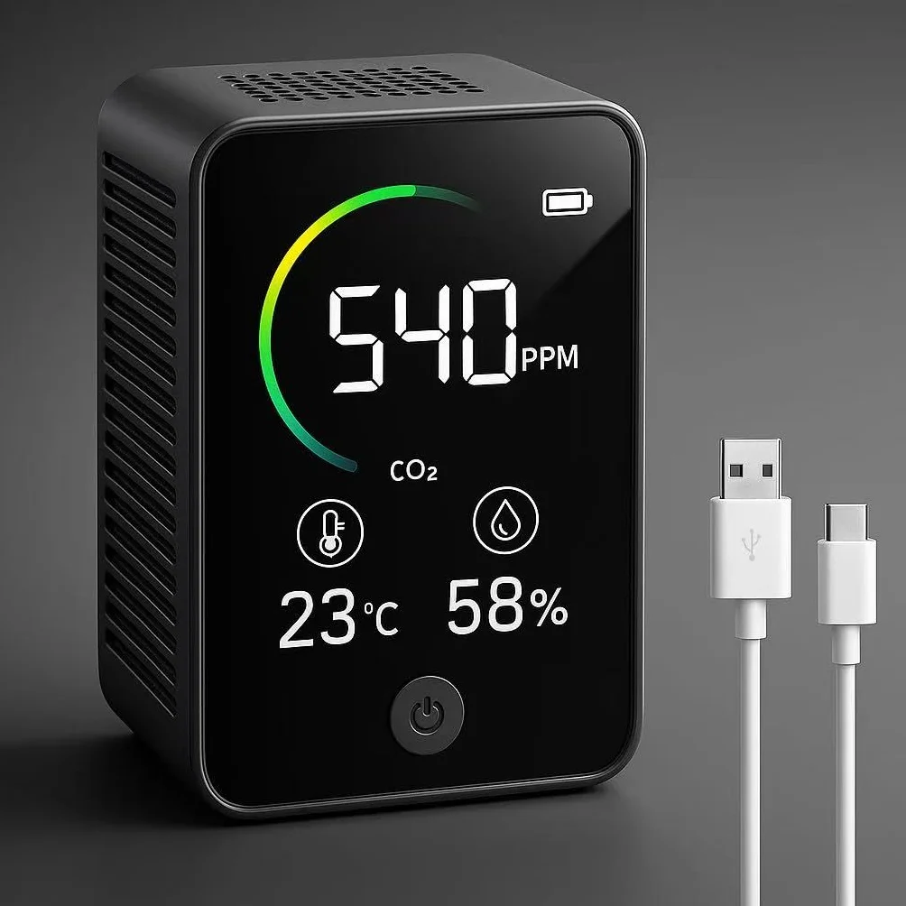 Detector CO2 3 en 1 con Alarma - NDIR - Medidor de Dióxido de Carbono, Temperatura y Humedad para Interiores - Sensor de Co2 con Pantalla LCD a Color - Hogar - Duración de la Batería hasta 6 Horas