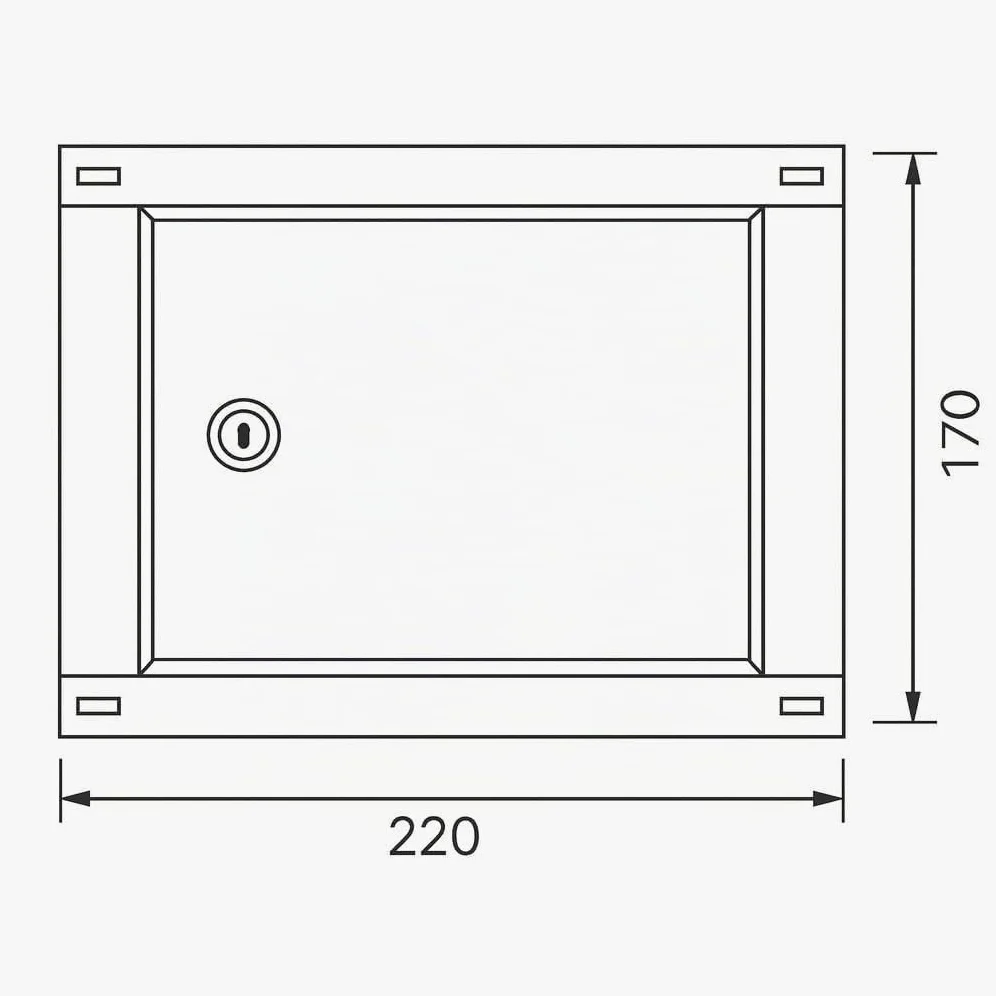 1100 Puerta galvanizada para contador de agua, con cerradura y llave cuadrada. Dimensiones 220x170 mm