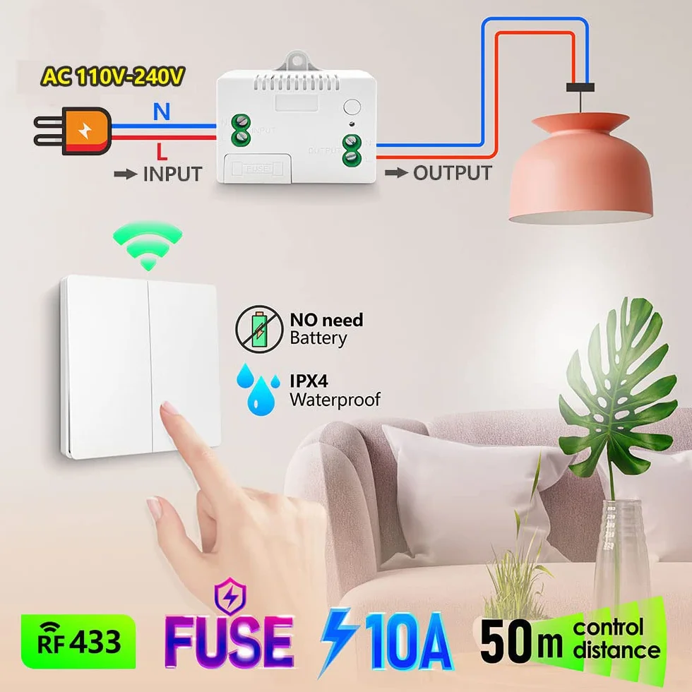 DieseRC Interruptor de Luz Cinético Inalámbrico RF de Panel de Pared con Controlador Receptor de Relé de 10 A
