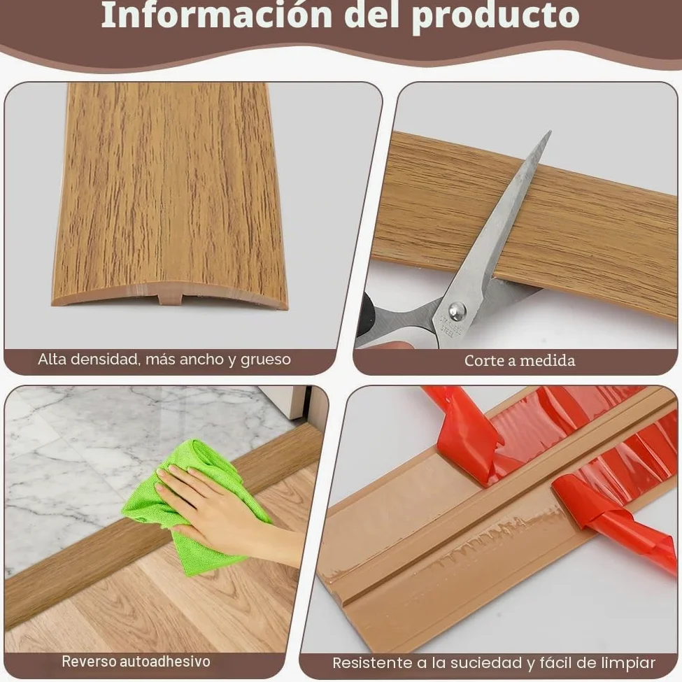 Perfil de transición en T, umbrales de puerta de PVC, molduras, perfil de transición de 3 m x 5 cm, autoadhesivo, tira de cobertura para nivelar suelos para suelos de parqué, umbrales de laminado