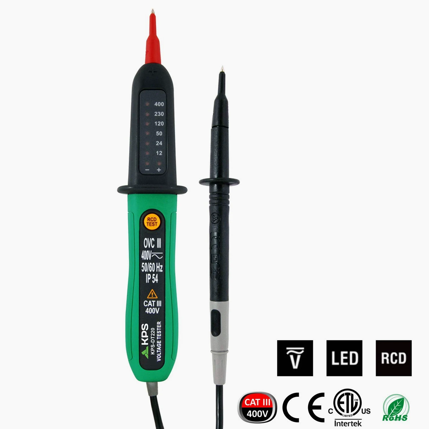 KPS-DT220 Detector de tensión y prueba de diferenciales, tensión 12V-400V, polaridad, RCD (Dispositivo de Corriente Residual) e indicador LED, IP54