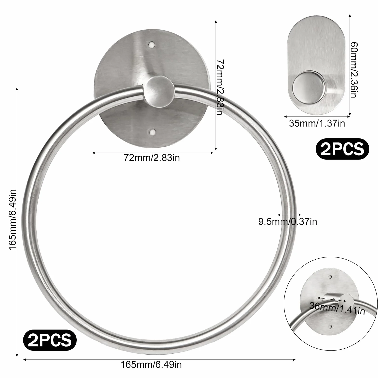 Anillos de Toalla Autoadhesivos de Acero Inoxidable, 2 Piezas, Resistente al Óxido y Humedad, Plateado