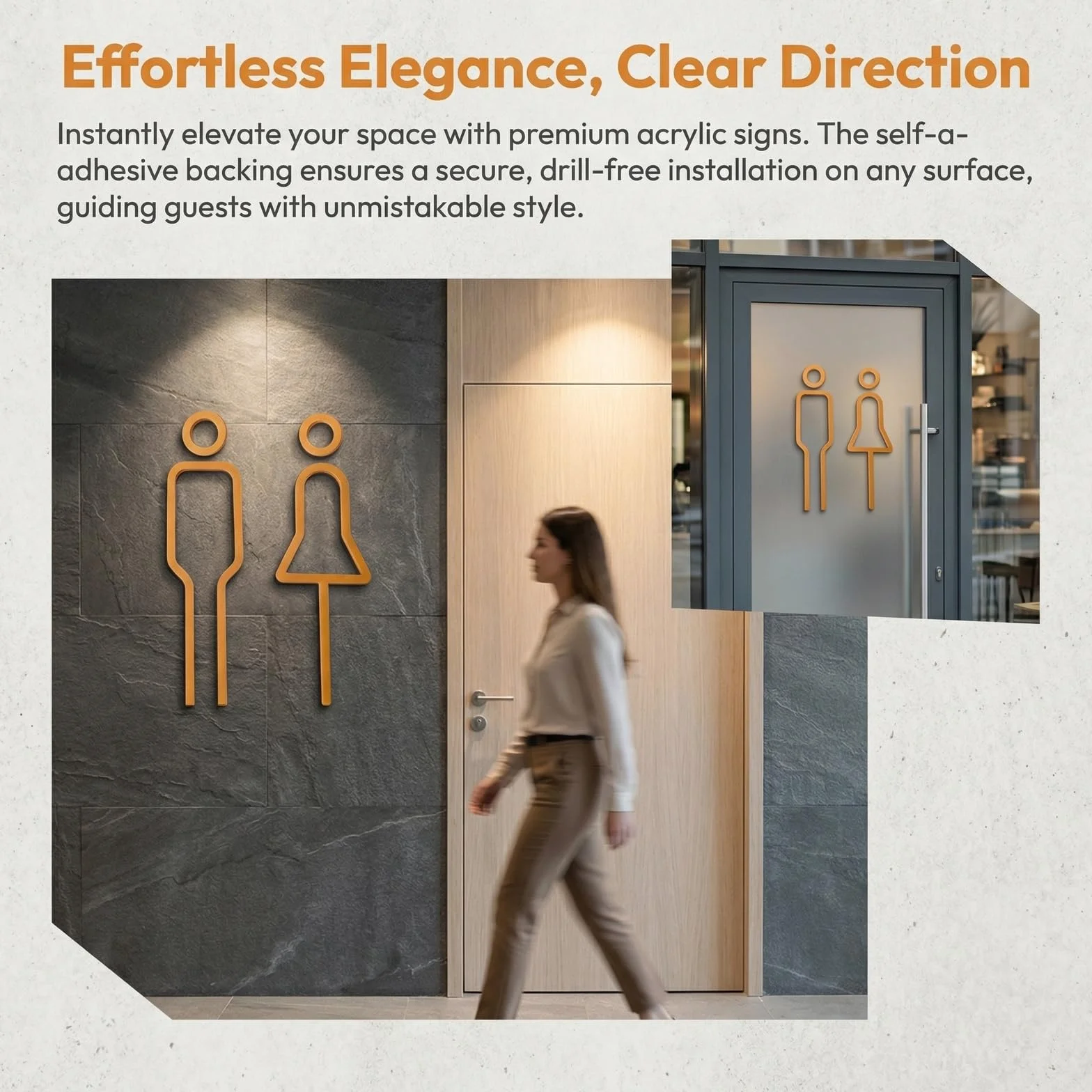 Nivofu Carteles de Baño Adhesivos Dorados, Señalización WC Hombre y Mujer en Acrílico Premium, Placa para Puerta de Aseo, Diseño Moderno para Oficina, Hotel y Restaurante, Fácil Instalación