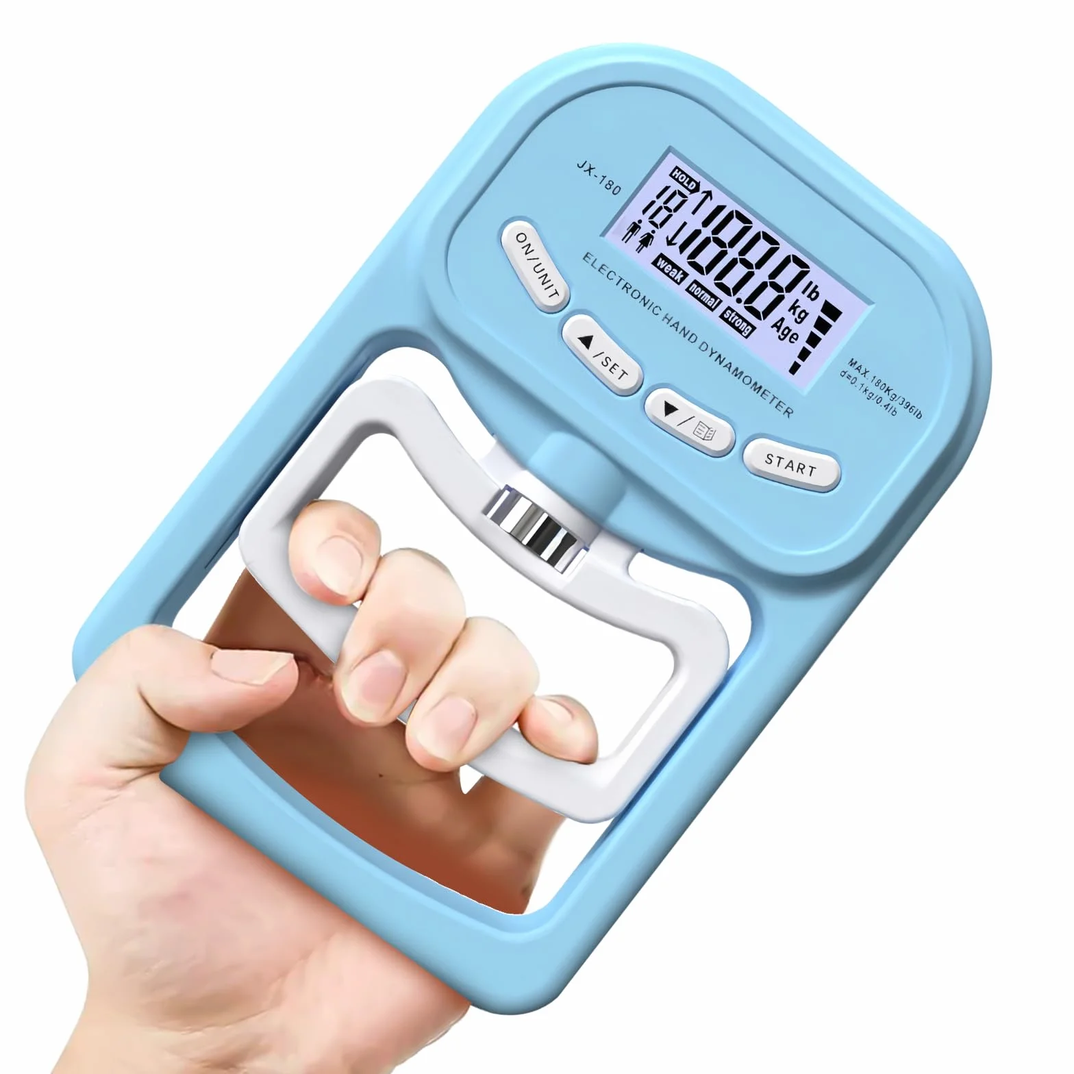 Medidor electrónico de fuerza de agarre: 396 lb/180 kg, dinamómetro de mano, dinamómetro de mano, pantalla LED, con cable de carga USB, color azul