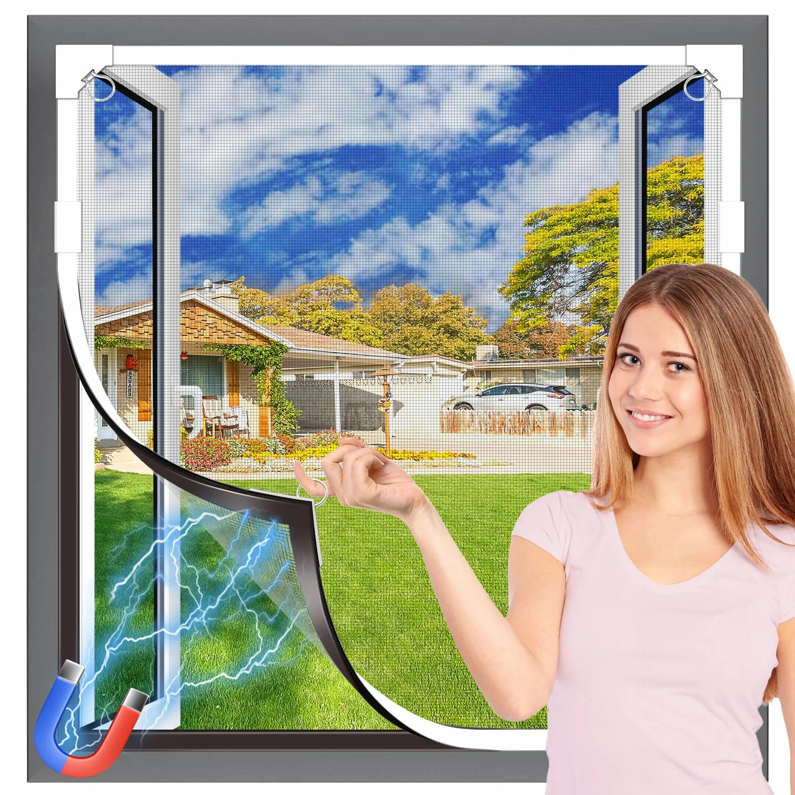 Mosquitera Magnética para Ventanas Fibra de Vidrio Duradera, Autoadhesiva, Tamaño Ajustable DIY, Instalación sin Taladrar 120×130 cm, Marco Blanco y Malla Gris