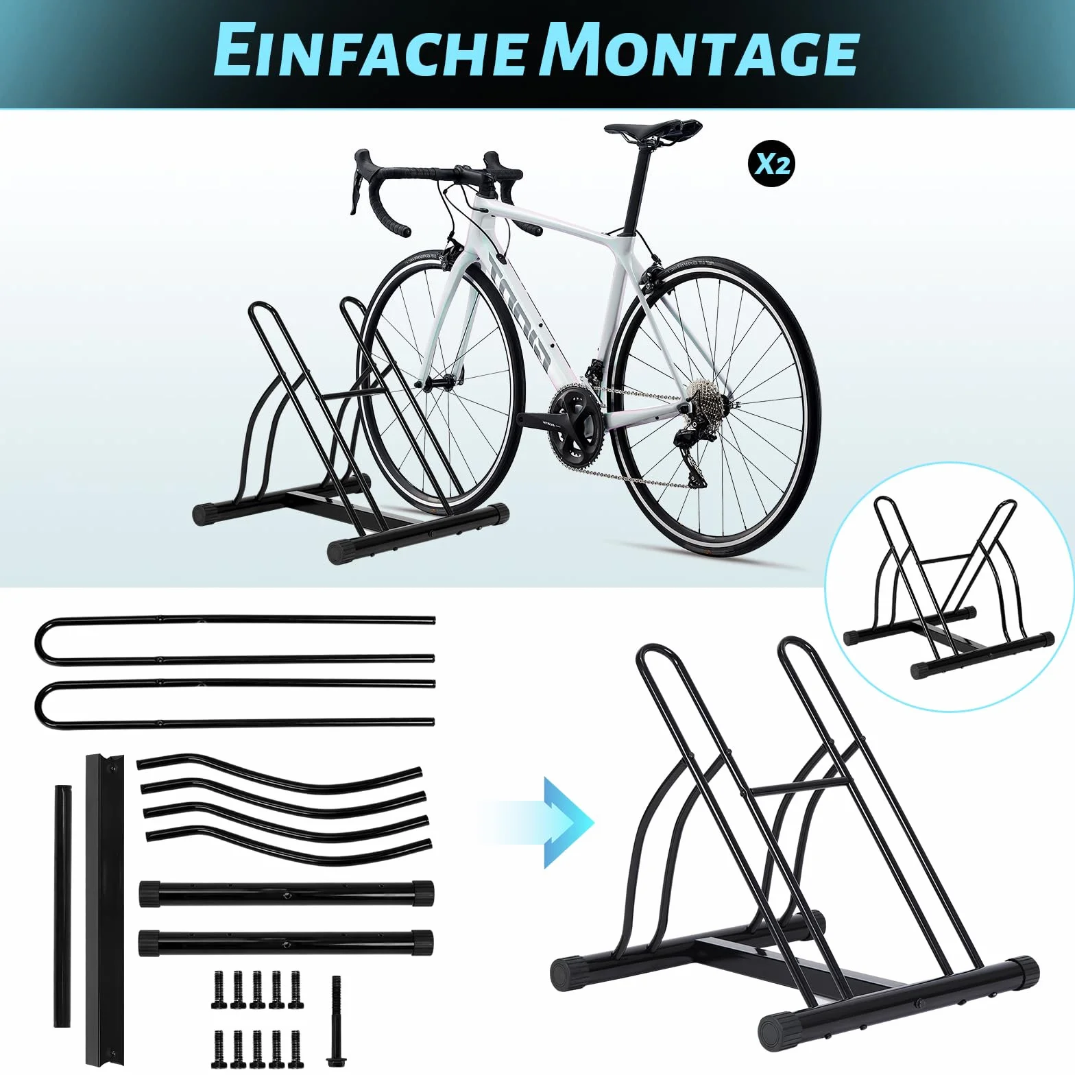 WOLTU Soporte para Bicicletas Exterior 2 Bicicletas Metálico Neumáticos 60 mm Negro