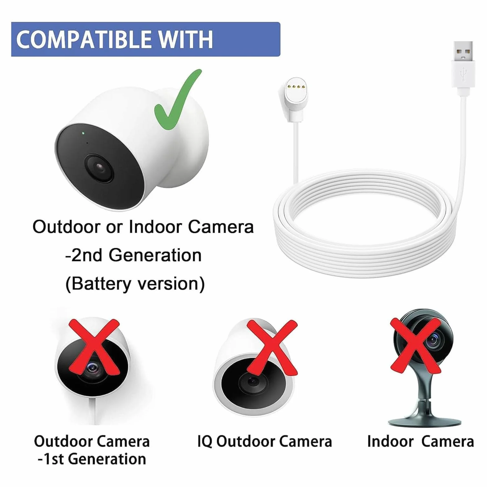 Paquete de 2 cables de carga de alimentación USB de 10 m, cable de carga más grueso, compatible con cámara Google Nest Cam (versión de batería), cable de carga extendido, resistente a la intemperie