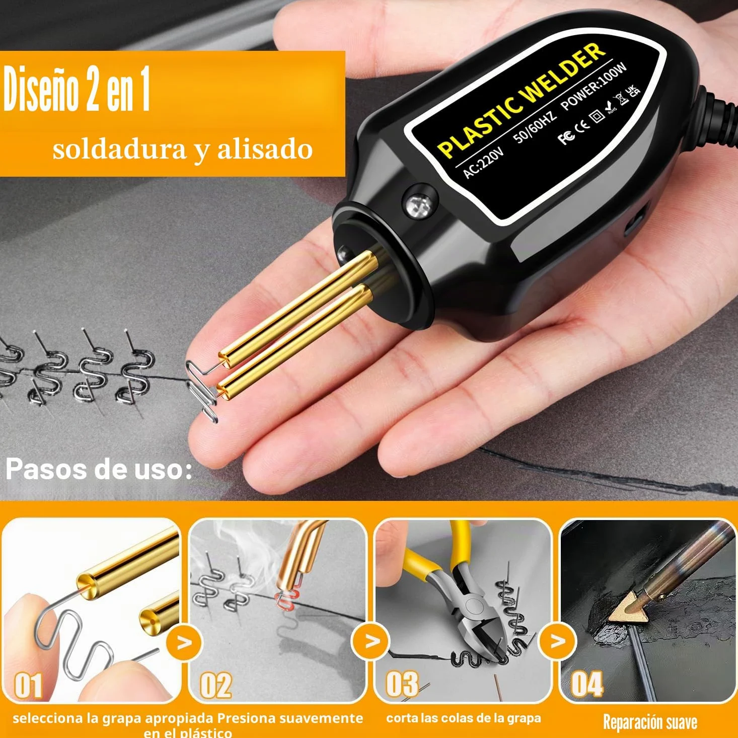 Máquina de soldadura de plástico de 100 W, kit de reparación de parachoques de coche, grapadora de calor con 200 clavos de soldadura, plana/esquina exterior/esquina interior/hebillas