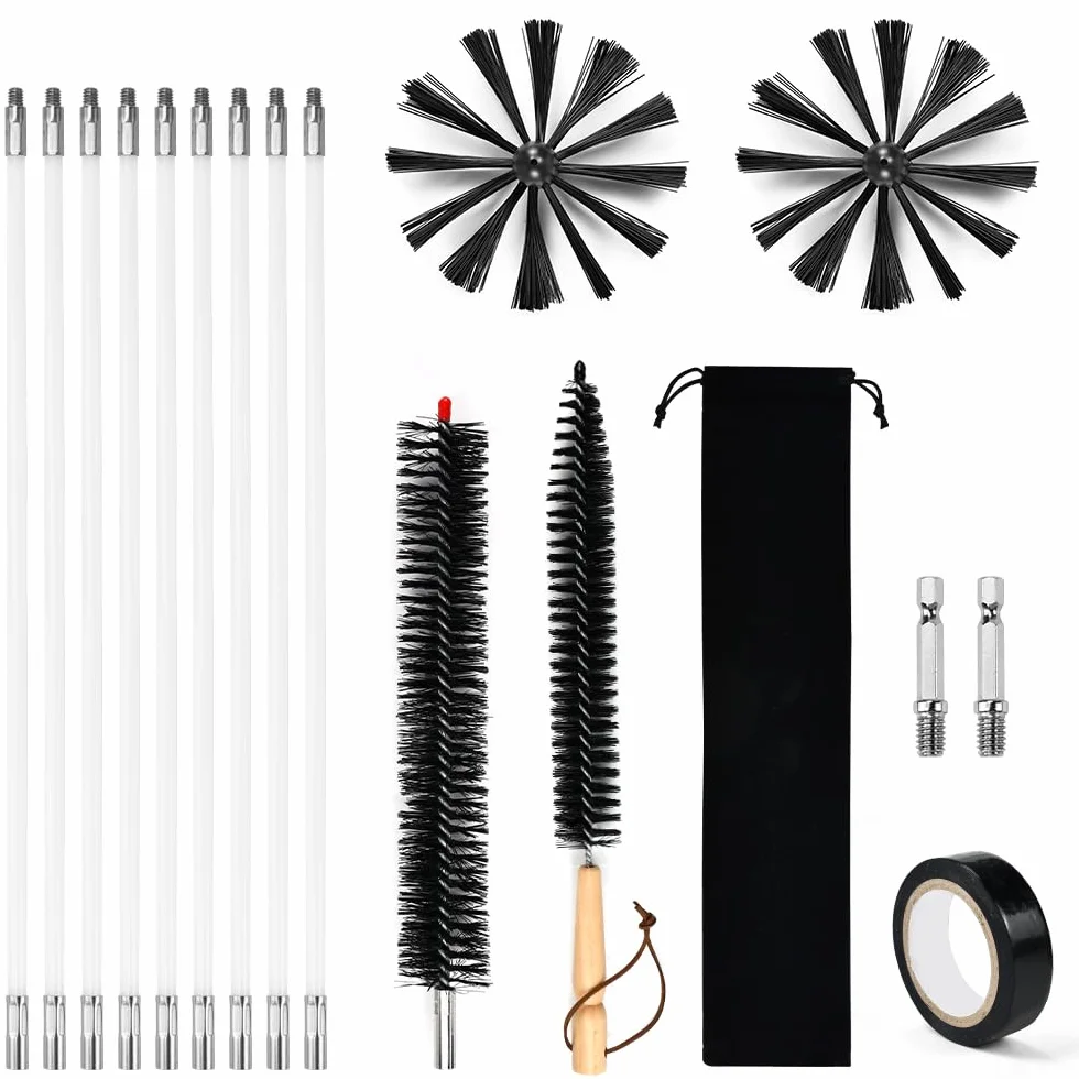Kit de Deshollinamiento Limpieza de Chimenea,con 9 Varillas de 410mm, 2 Cepillos de 150mm, 1 Cepillo con Mango de Madera,1 Cepillo Largo, 1 Cinta Adhesiva, 2 Cabeza Hexagonal y 1 Bolsa de Tela