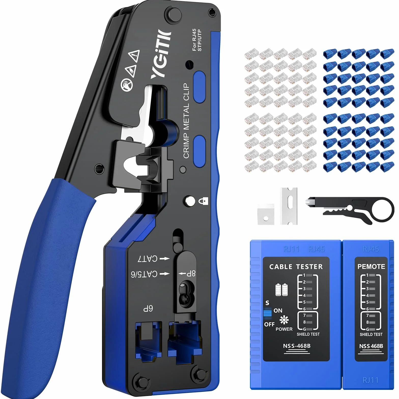 Herramienta de Crimpado RJ45 con Probador Red, Kit de Herramienta de Red Alicates de Crimpar para 8P RJ45 CAT5, CAT5e, CAT6, CAT6a, CAT7, CAT7a con 50PCS Conectores Pasantes y Tapas Protectoras