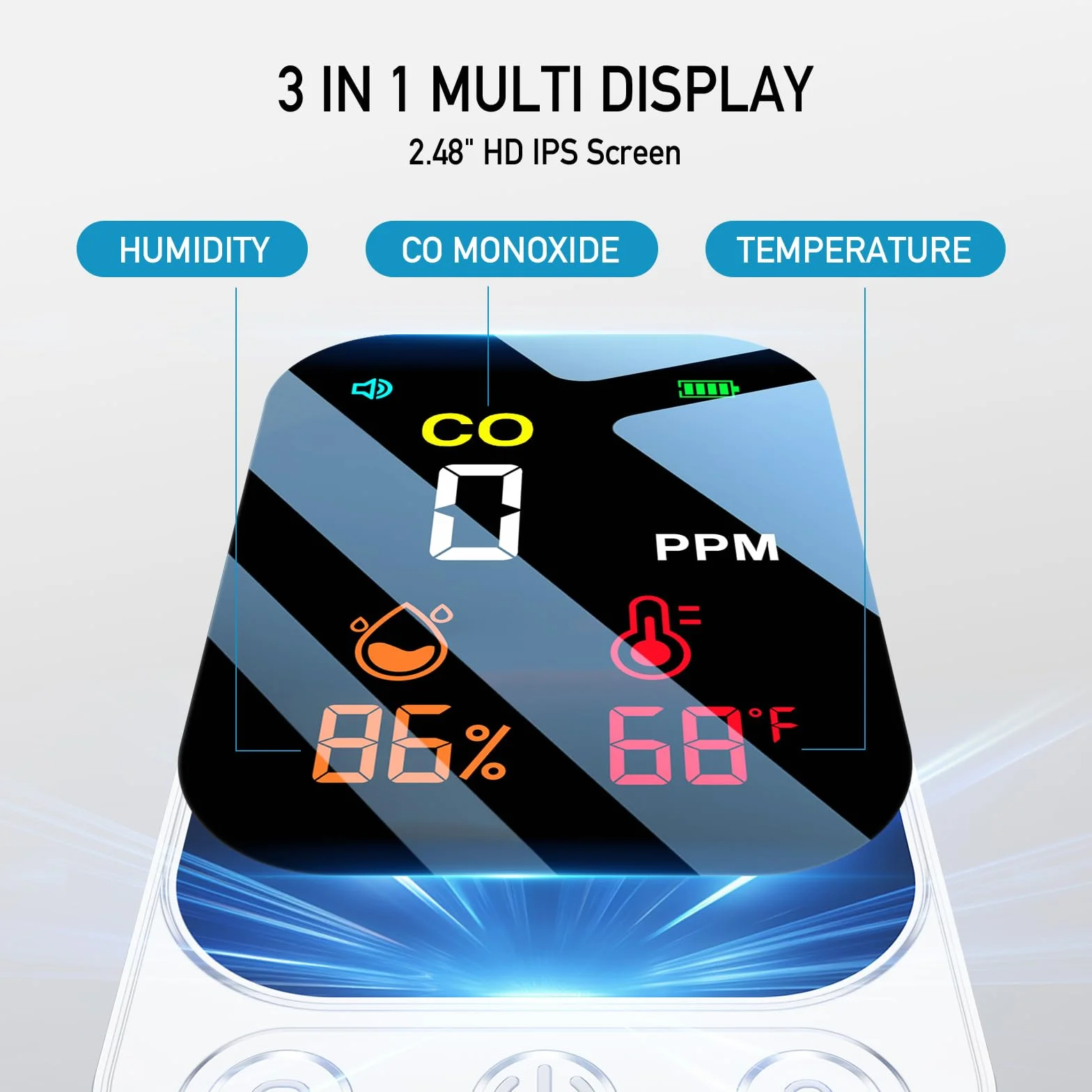 YOJOCK Kohlenmonoxidmelder mit intelligenter Alarmfunktion, 3-in-1 CO Melder Feuchtigkeit/Temperatur/Kohlenmonoxid-Konzentration, tragbarer aufladbarer CO Warner für Haushalt/Wohnmobil/Camping (white)