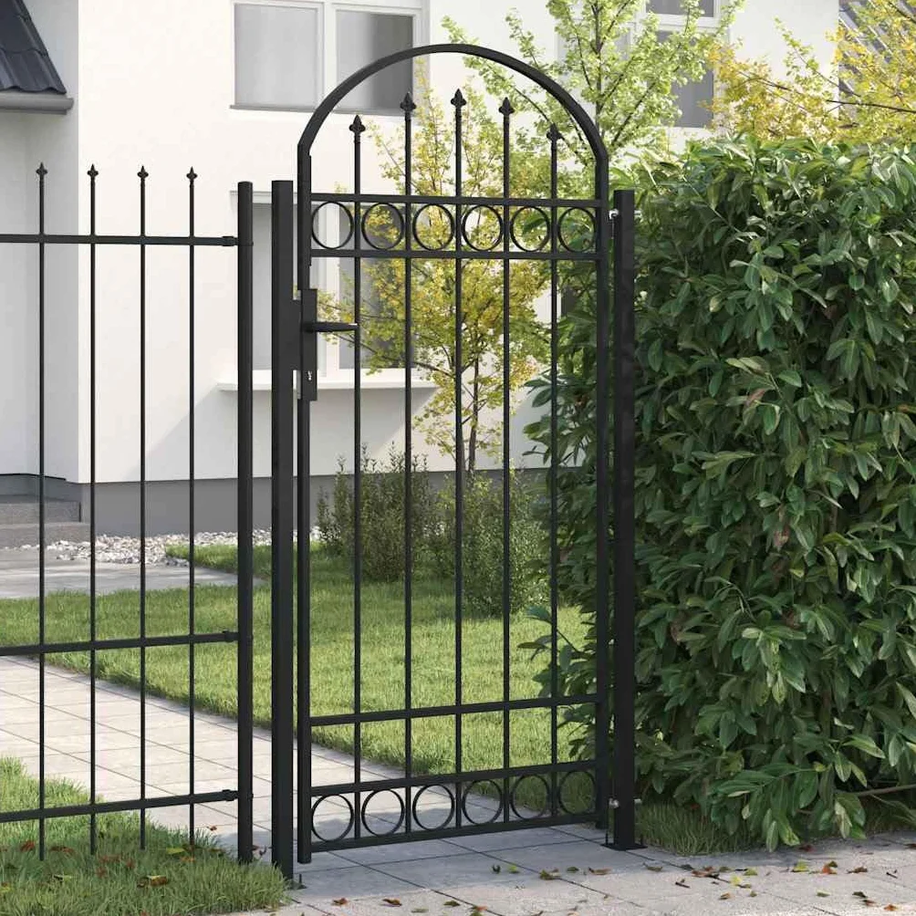 vidaXL Cancela de Valla Assen Sencilla Individual Puerta de Jardín Entrada Exterior con Forma de Arco con Dos Postes de Acero Negro 105x170 cm