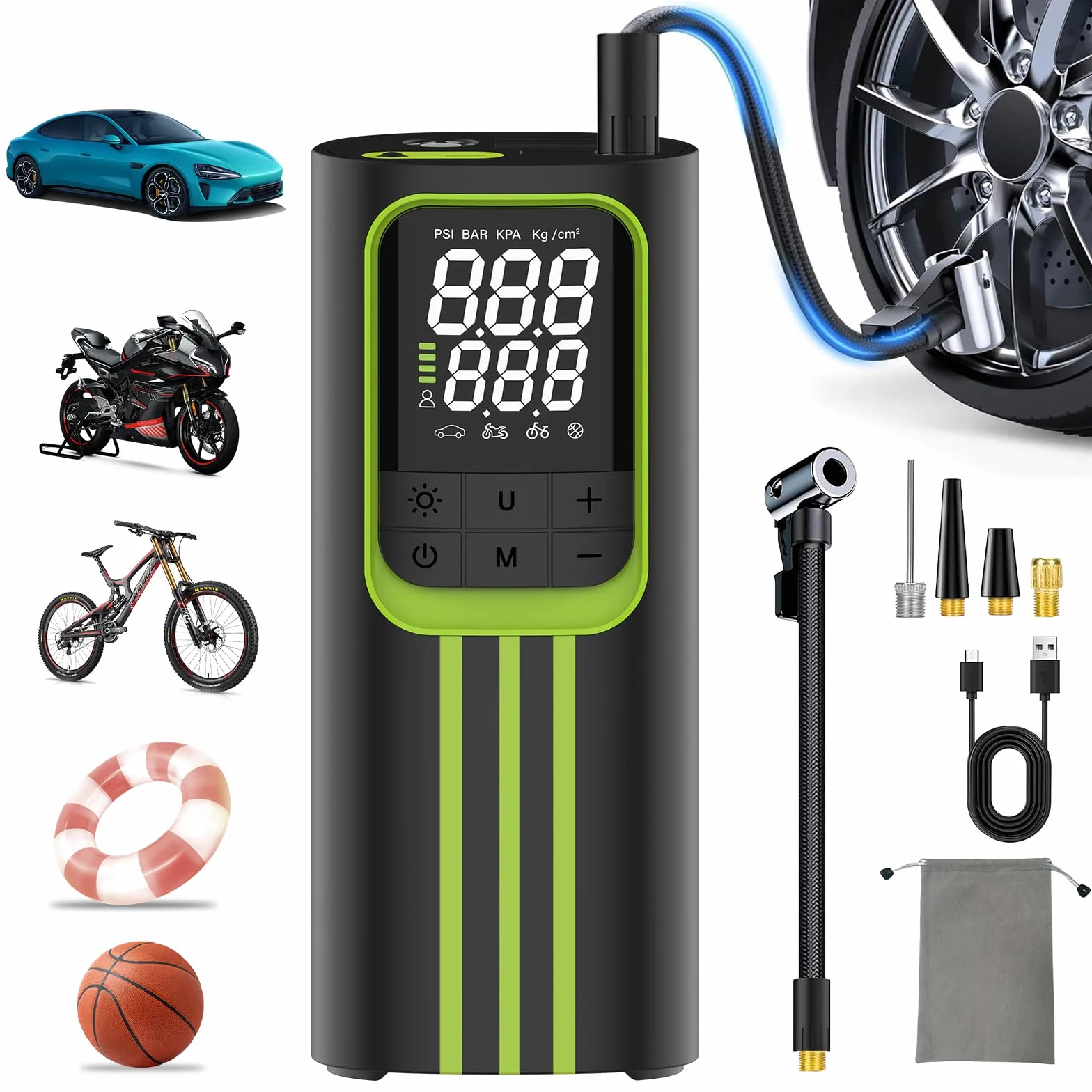 Compresor Aire Portatil, Inflador Ruedas Coche 150 PSI Inalámbrico, Batería Recargable con Pantalla Digital y Luz LED, Modos Automáticos de Inflado, para Coche, Moto, Bicicleta y Pelotas,Negro y verde