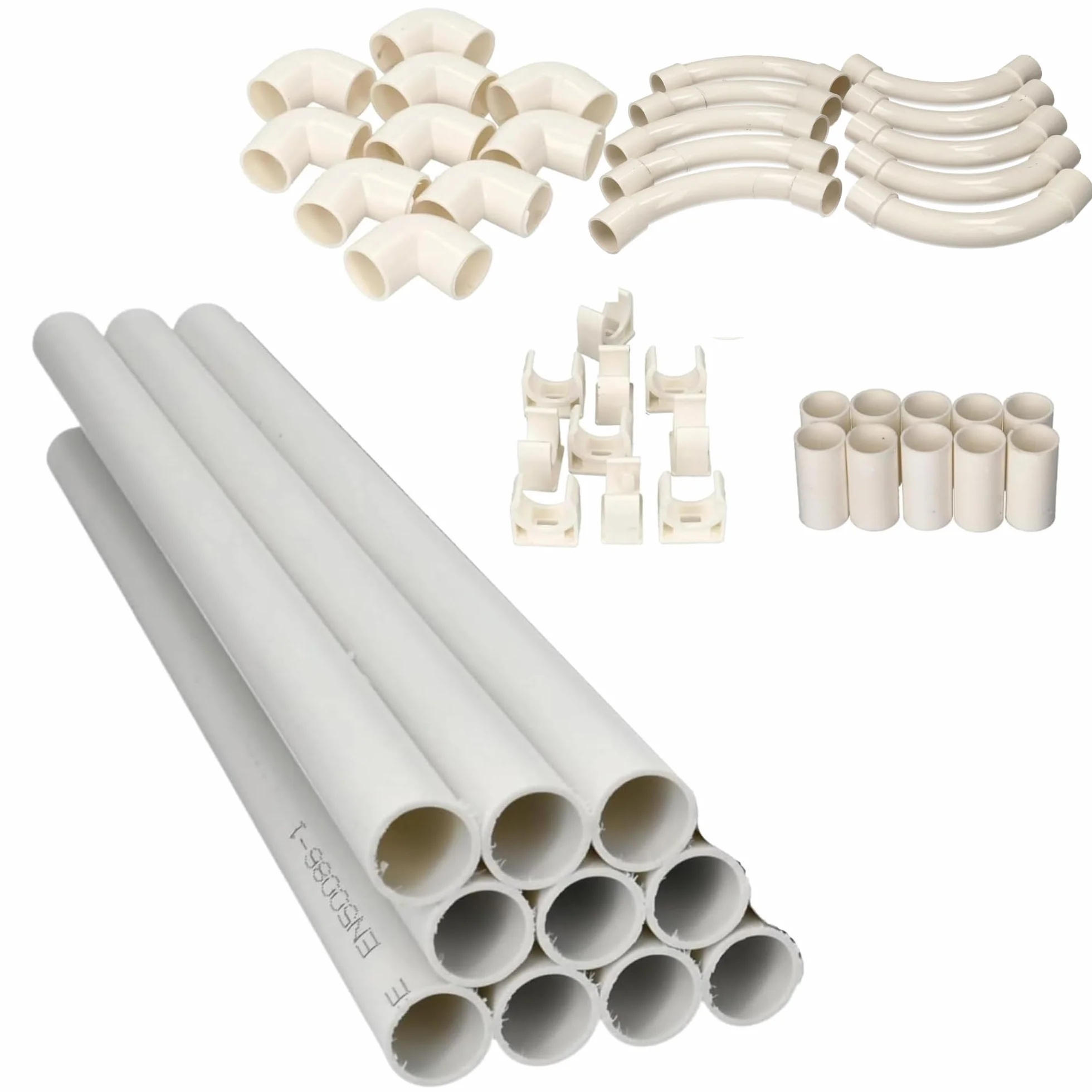 Jandei - Pack 10 uds. Tubo para Cables PVC Rígido Blanco Longitud 1 Metro. Diámetro 20 mm. Funda de Cable con Grapas de Sujección, Codo 90 Grados,Manguitos y Curvas de Empalme.