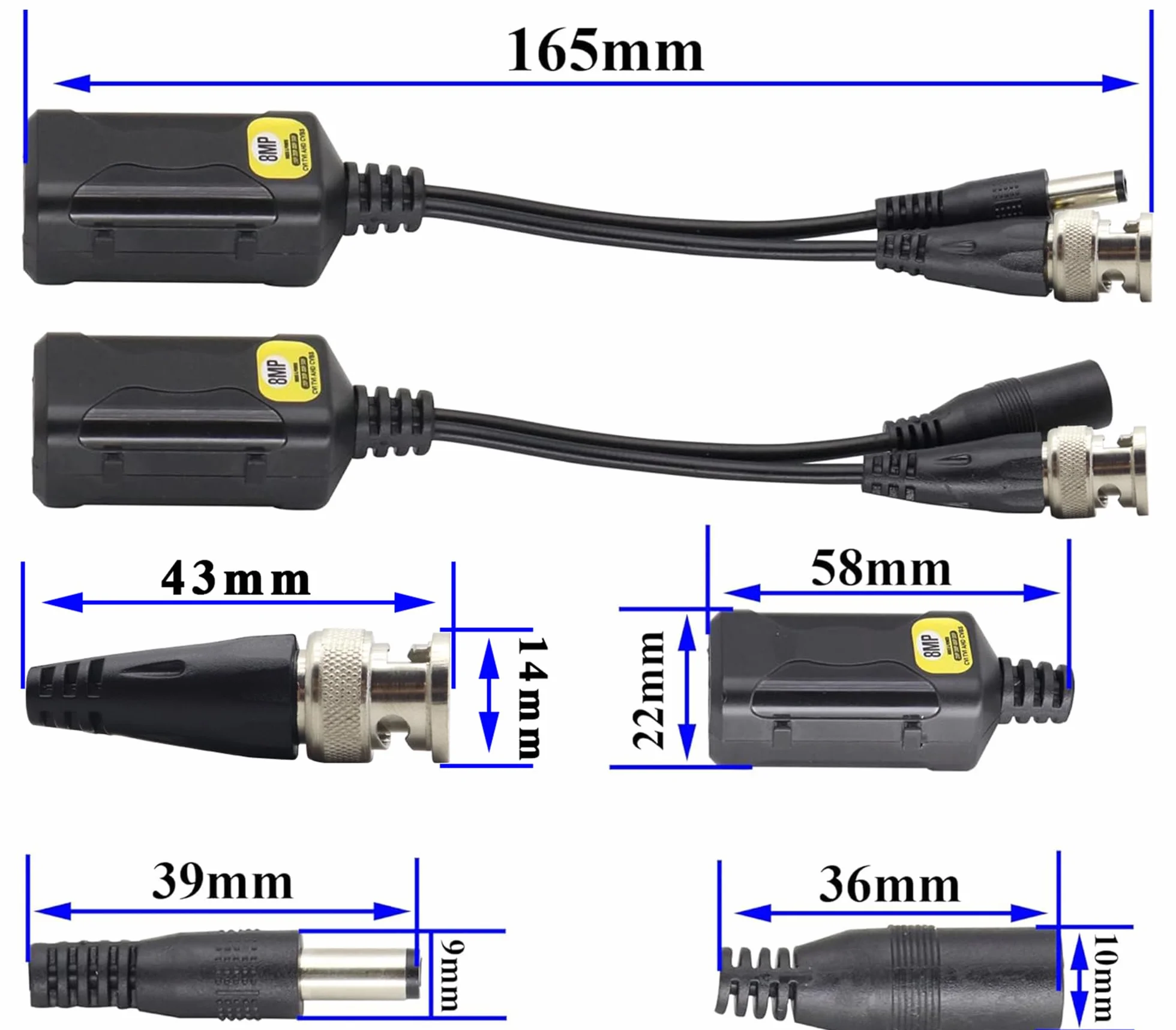 HD Video Balun BNC Macho a RJ45 Hembra Full HD RJ45 Hembra a BNC/DC Adaptador Cámara de Vigilancia Analógica Transceptor de Red para Todos los Equipos de Video (16.5 cm/4 pares)