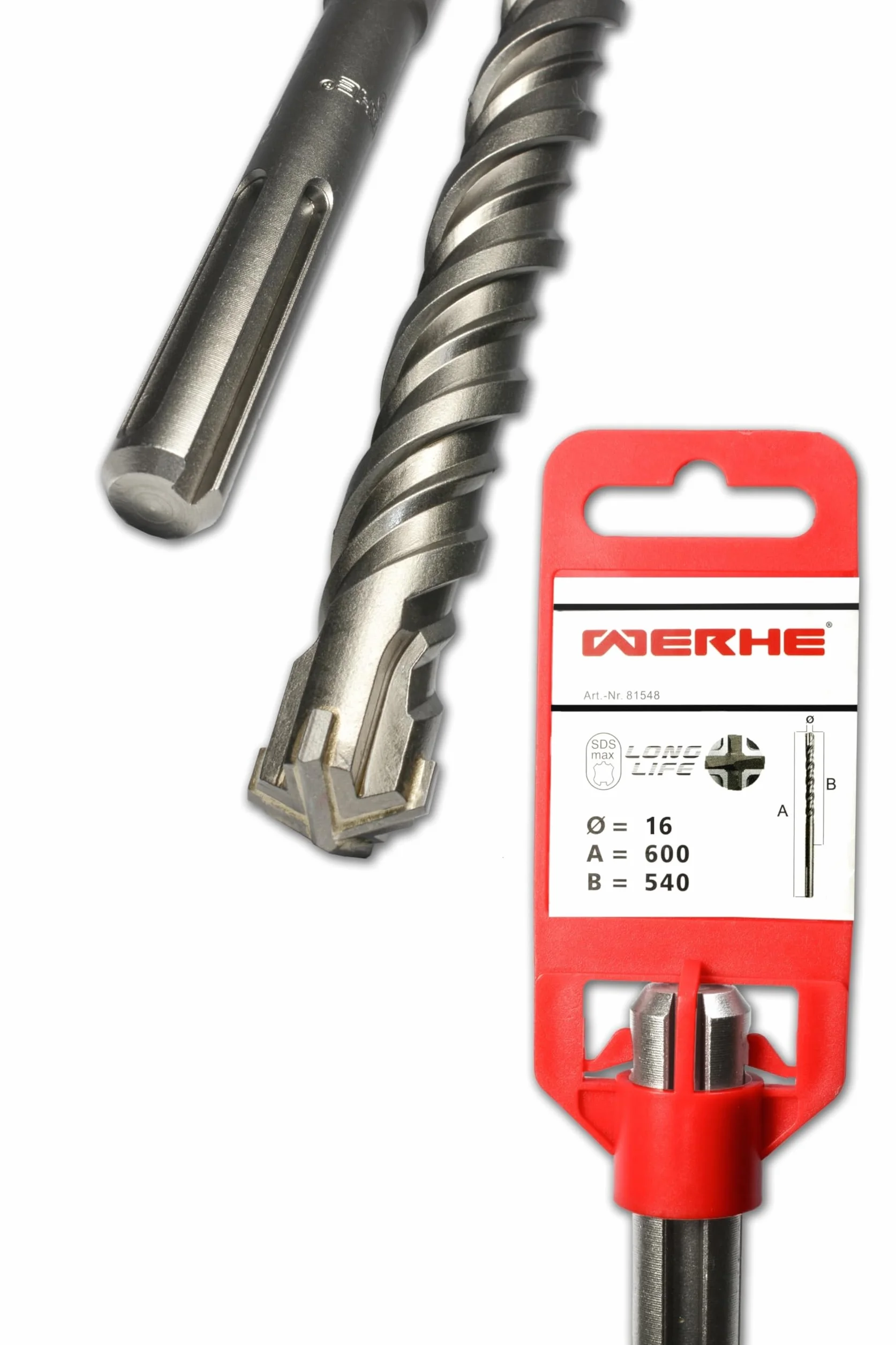 WERHE Broca para hormigón SDS MAX 16 x 600 mm - Broca de albañilería para taladradora - Broca de percusión para taladrar en hormigón y ladrillo - Filo de corte cuádruple con doble hélice