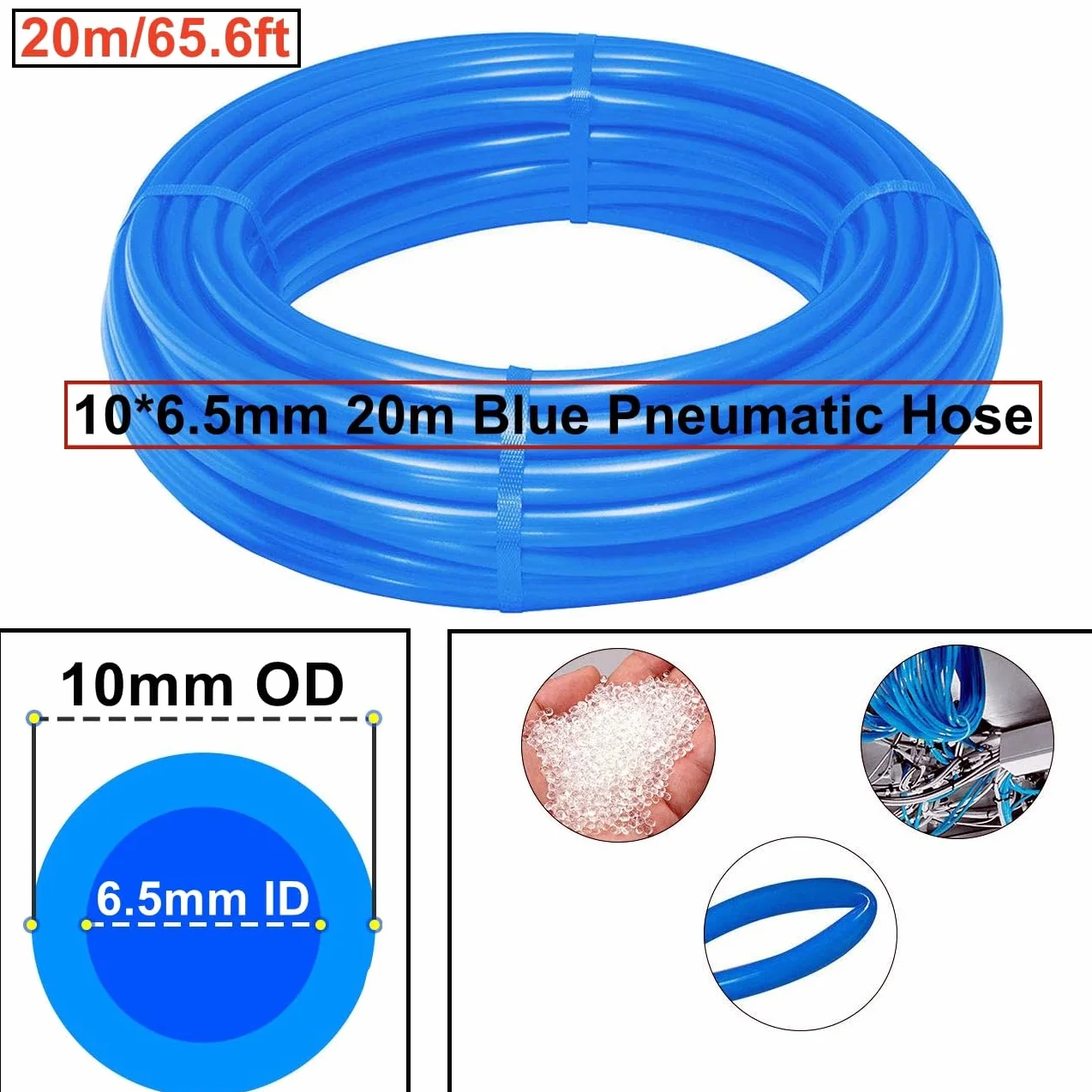 HUAZIZ 20 m de manguera neumática de poliuretano azul, manguera neumática de poliuretano, manguera flexible de aire comprimido, exterior 10 mm x interior 6,5 mm + 1 cortador de manguera azul + 1 pieza