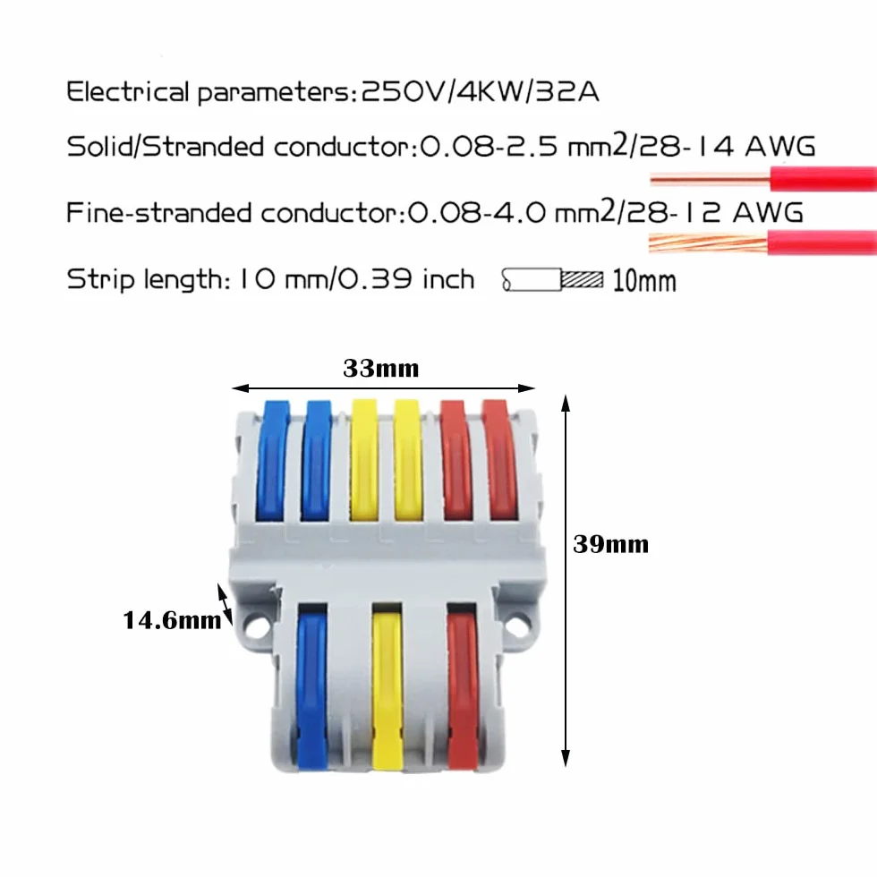 CESFONJER 6 pcs SPL-63 Conectores Electricos, Conector Eléctrico Rapido, 3 en 6 fuera biateral conector conductor compacto, Con tornillos de montaje