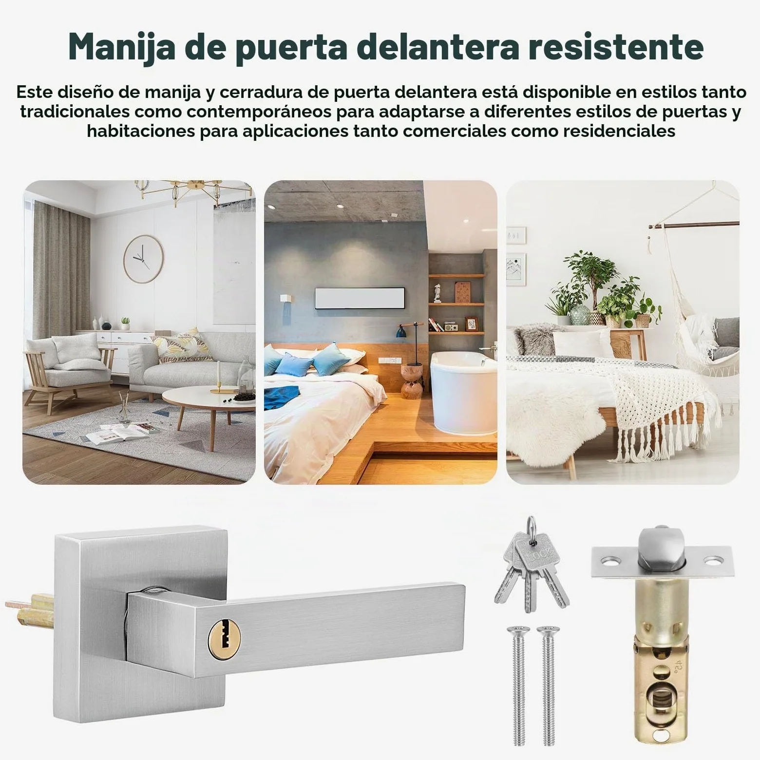 HSEAMALL Tirador de palanca para puerta, tirador de puerta interior con cerradura y llave, puerta de entrada cuadrada para dormitorio oficina mano derecha o izquierda (plata)