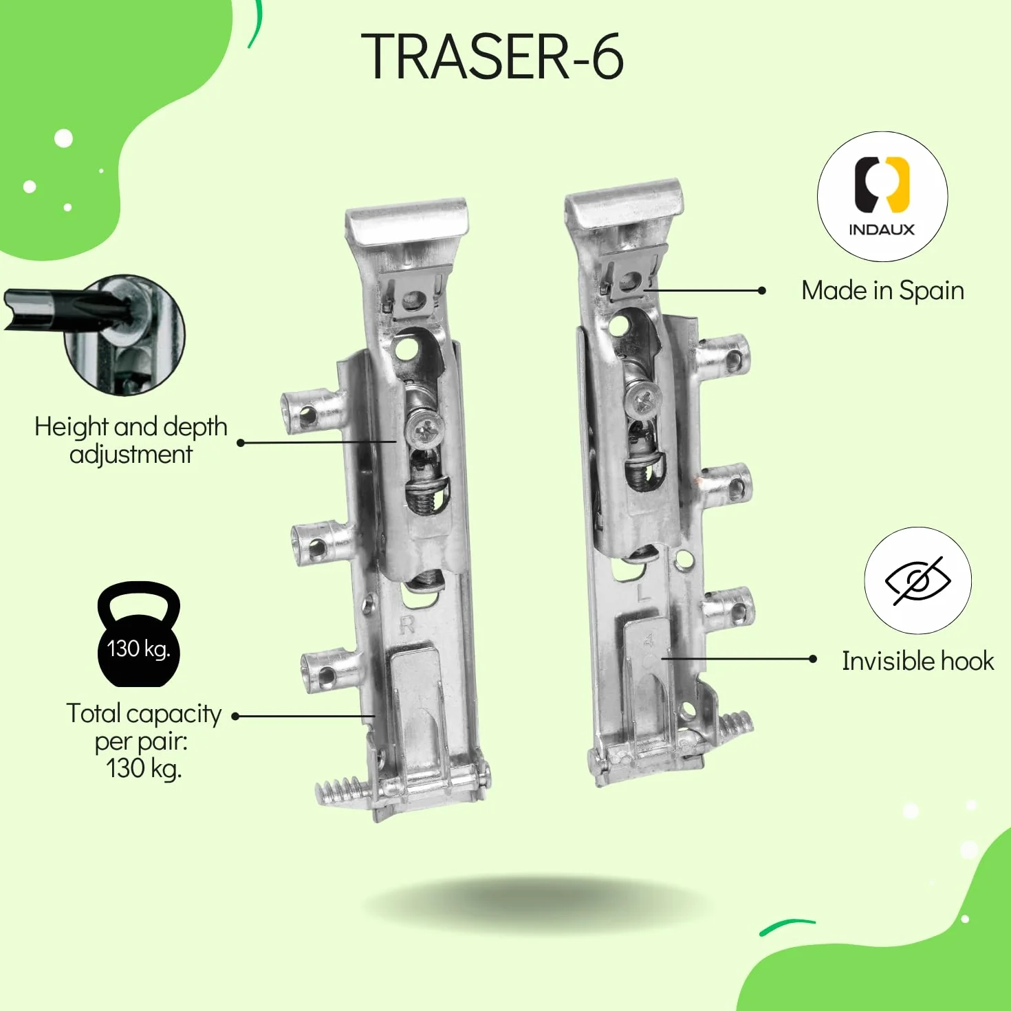 INDAUX Traser-6 perchas invisibles ajustables para muebles suspendidos DIN 68840 níquel 65 kg kit