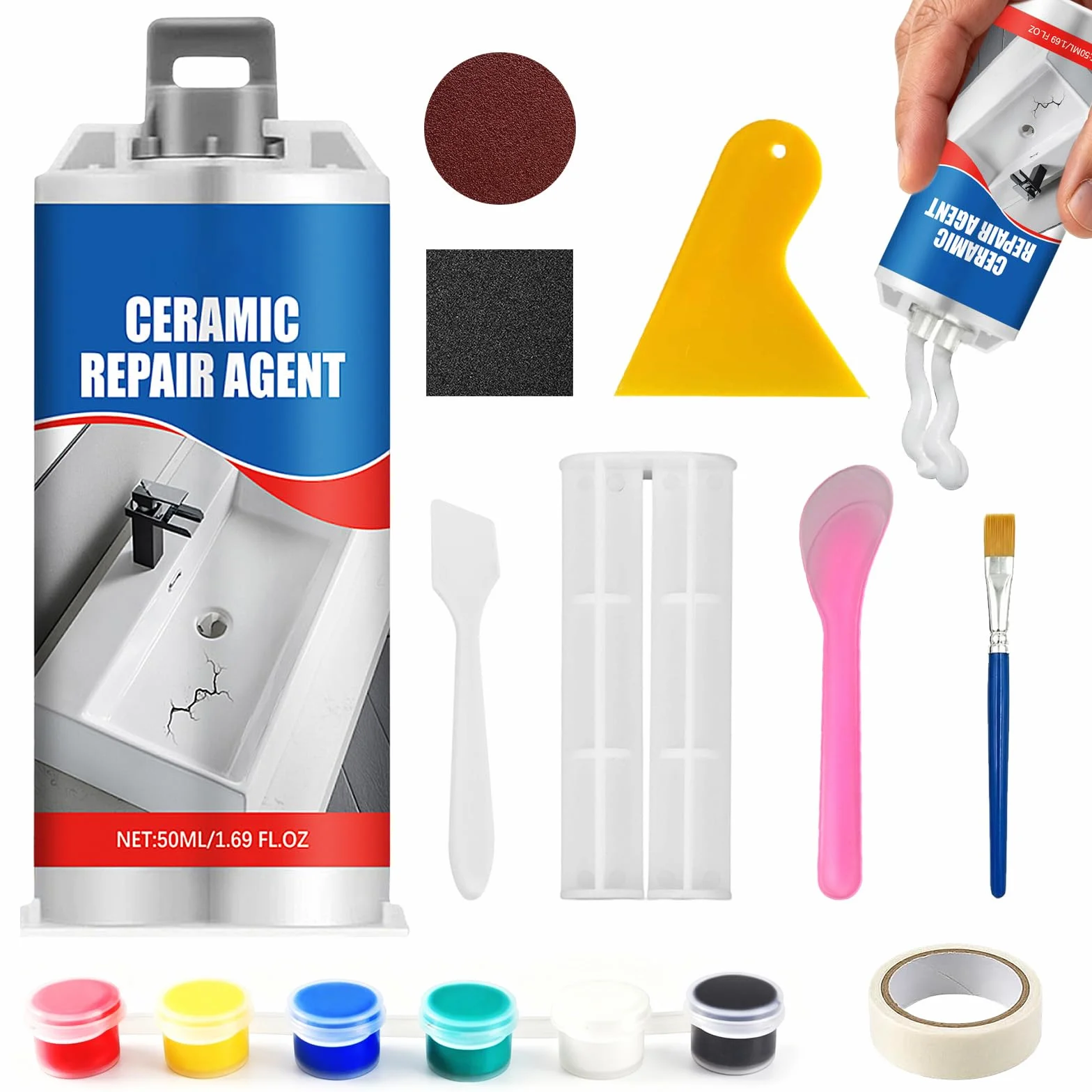 Juego de Reparación de Esmalte 50 ml,Kit Reparacion Baldosas, Adecuado para Grietas, Agujeros y Arañazos en Azulejos, Lavabos, Bañeras y Mármol