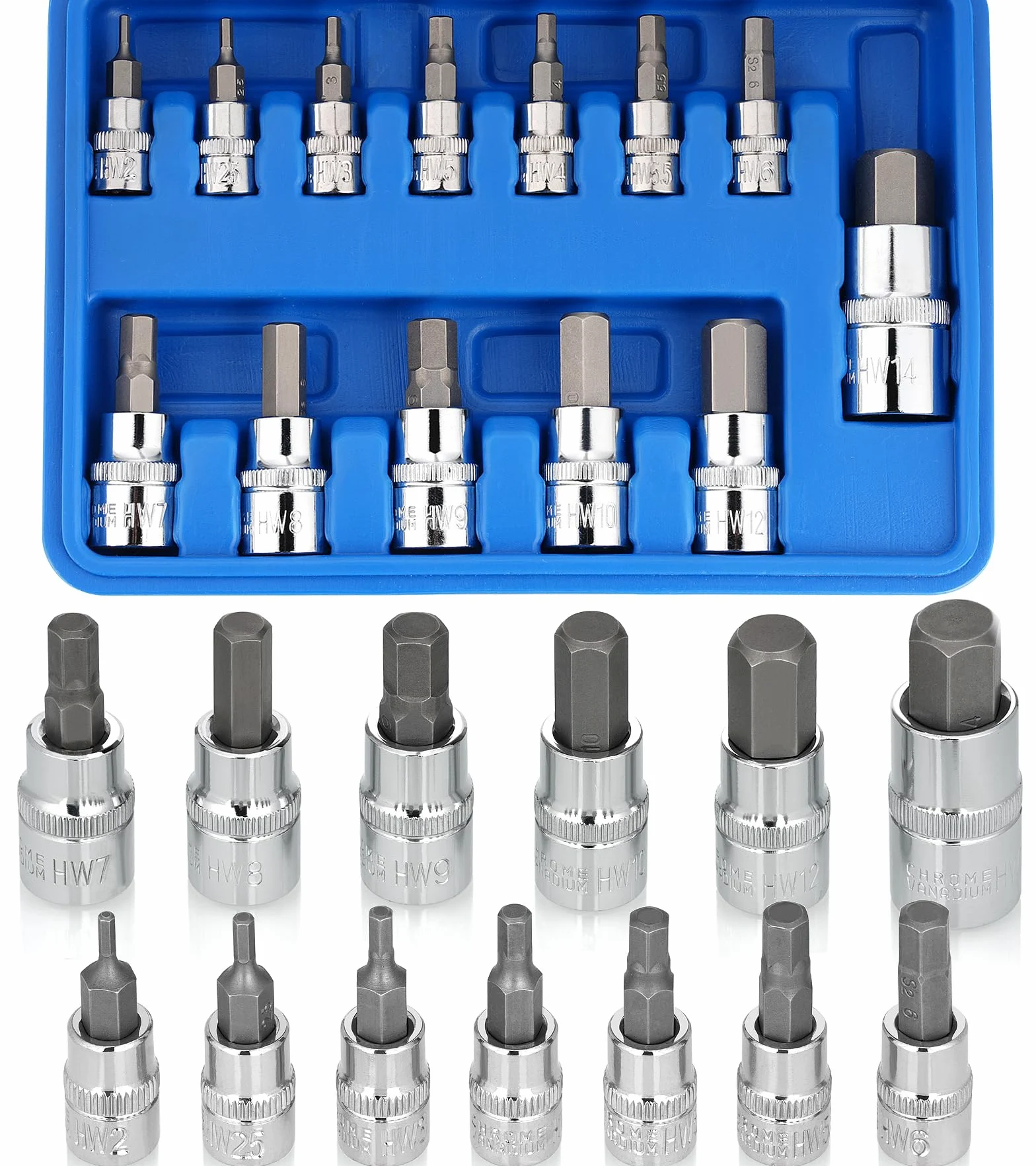 Juego de Llaves de Vaso Hexagonales,13pcs Llaves de Vaso en acero de aleación S2, Llave Allen Puntas Hexagonales, con Adaptadores de Vaso 1/2" 3/8" 1/4", para llave Dinamométrica y Talatro