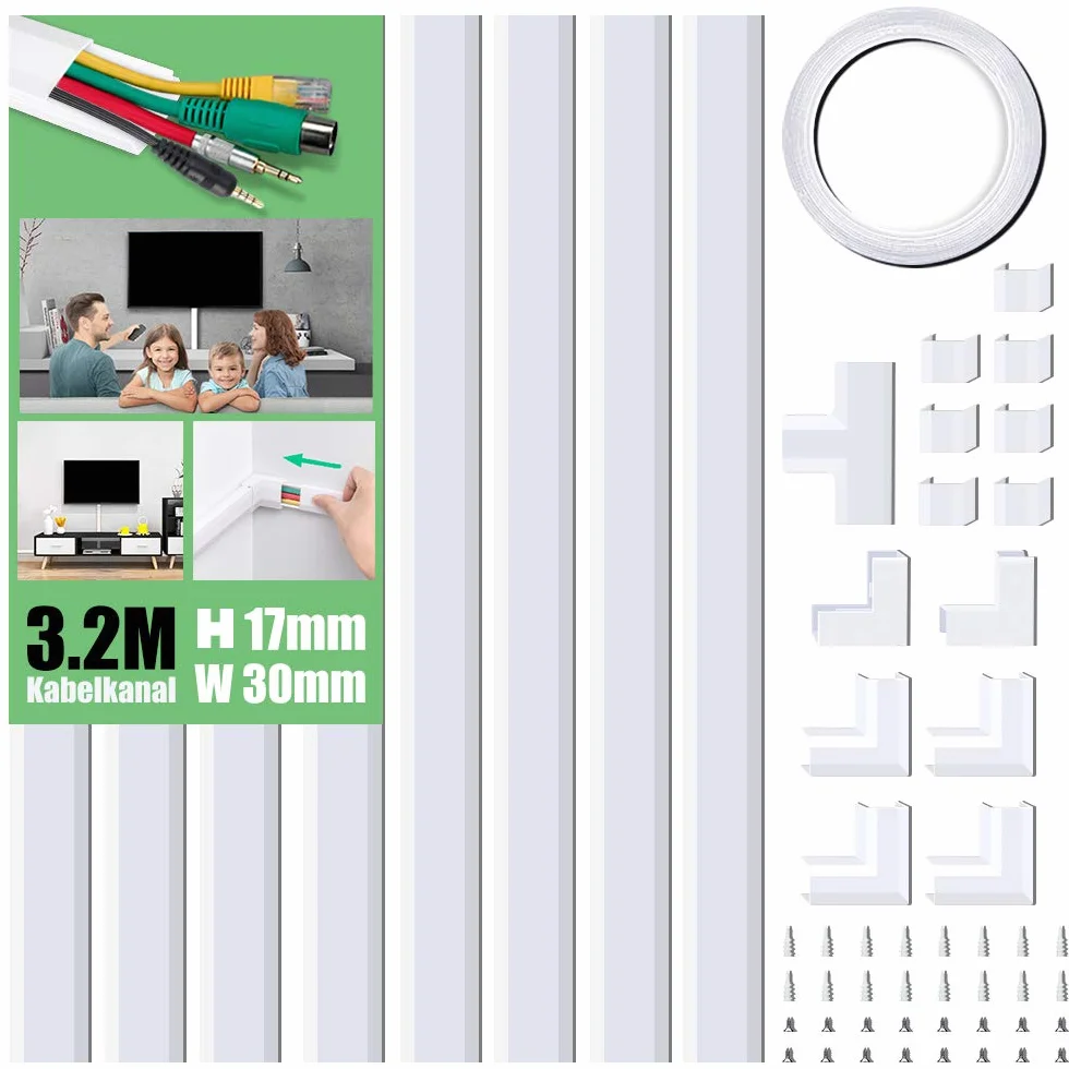 MUDEELA Canaleta de Cables autoadhesiva de PVC, 320 cm, para Ocultar Cables, para Todos los Cables de alimentación en el hogar y la Oficina, 8 Unidades de 40 x 3 x 1,7 cm
