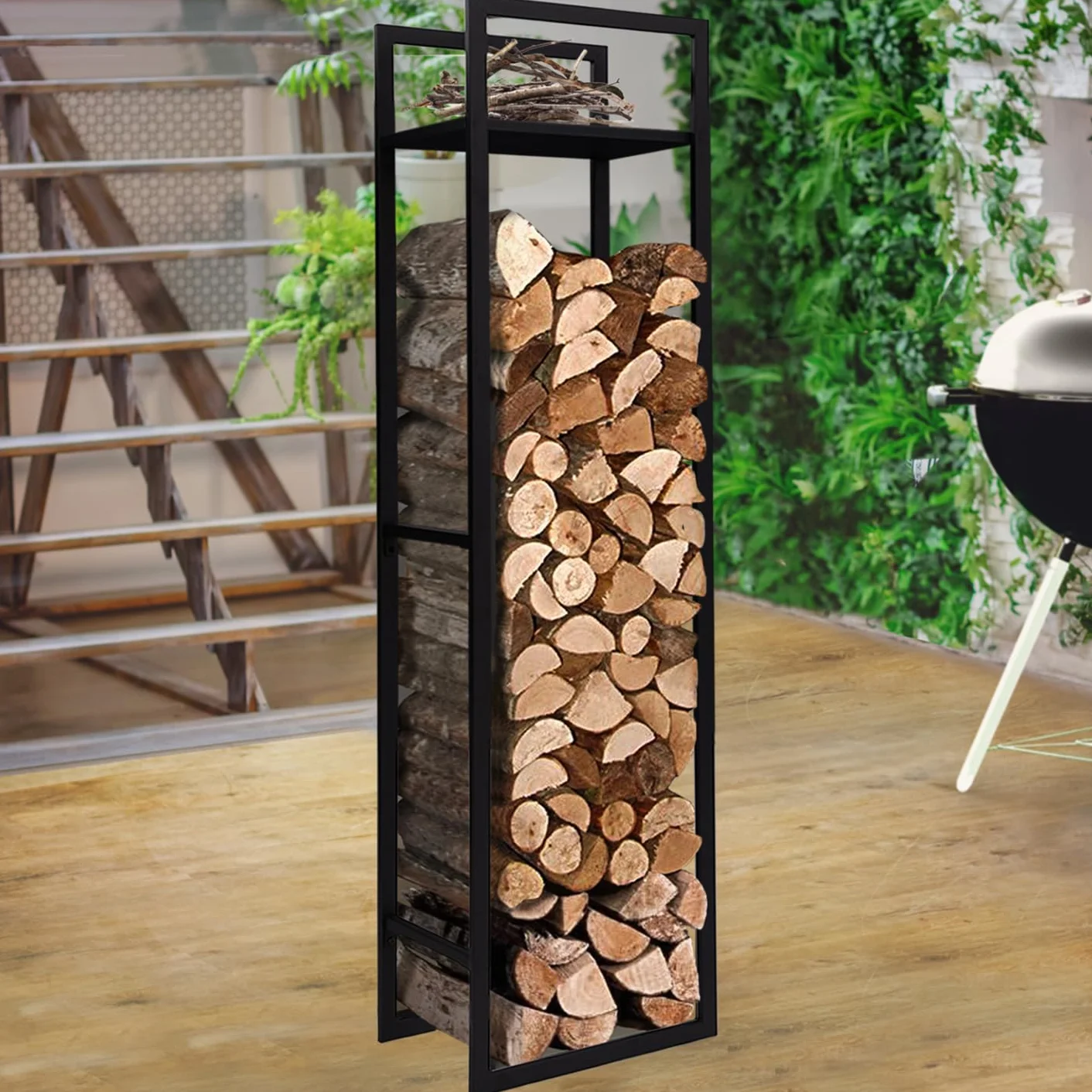 IDMarket - Portatroncos vertical de acero negro con estante H.170 CM para chimenea