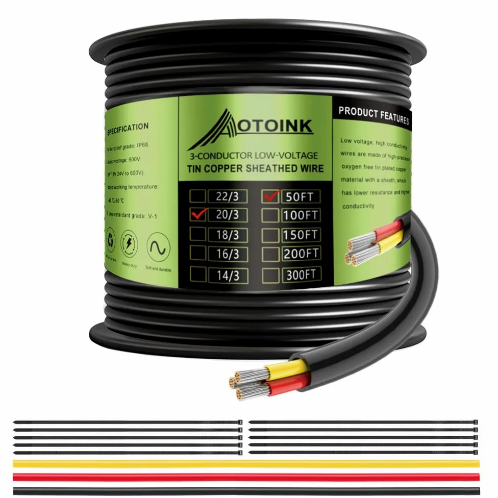 Cable Eléctrico 20/3 de 15,24M 3x0.5mm², 12/24V Cable de Calibre 20 para Automoción, Iluminación LED, Barco