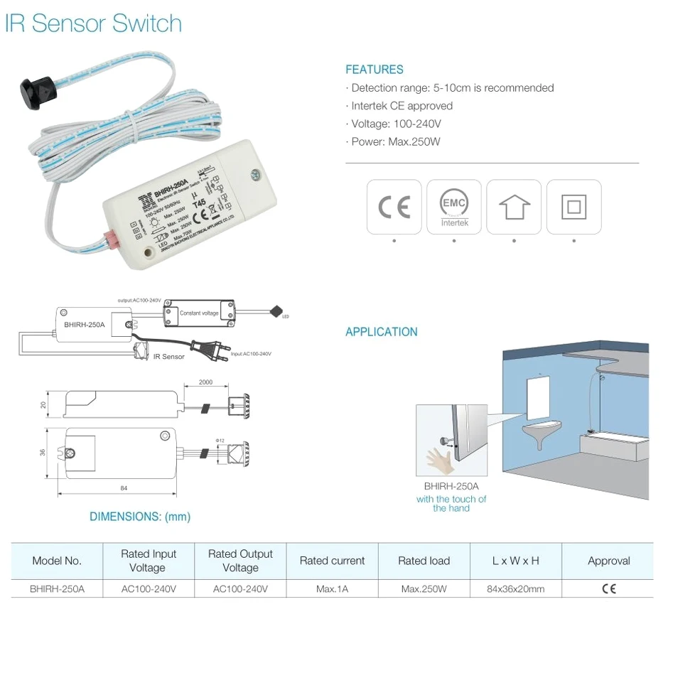 Interruptor infrarrojo BHIRH-250A Voltaje dual 100-240V Luces inteligentes Detección de movimiento 5-10cm Usado fuera del gabinete Trabajando a mano MAX.70W LED
