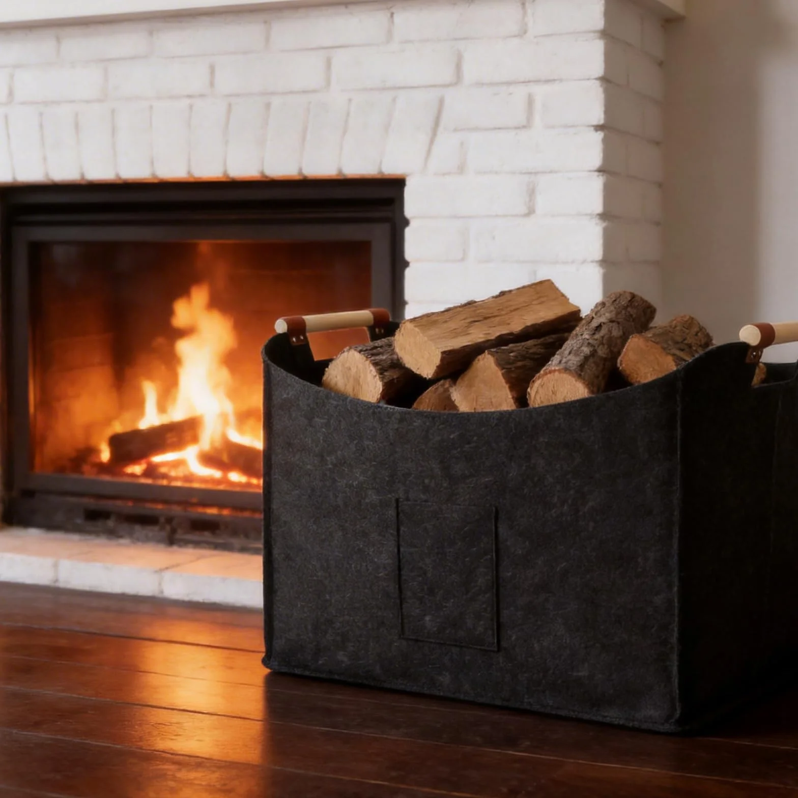 Cesta Plegable para Leña de 96 L, Fieltro Extragrueso, Mango Reforzado, Negro