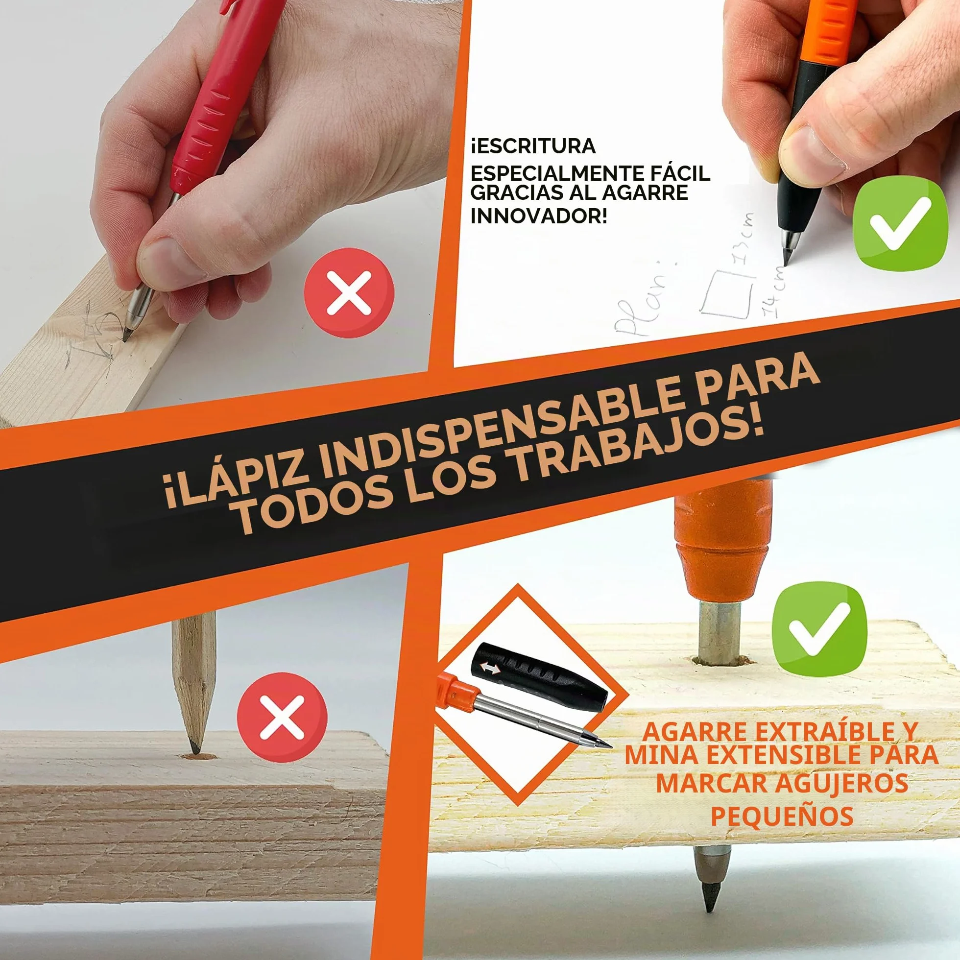 THORVALD 2 PRO Lápiz de construcción extensible [+ 38 MINE de soporte múltiple + Tamaño de mina + Agarre fácil de escribir] Portaminas para carpintero DIY Dibujo Trazado Madera aceitosa Metal Concret