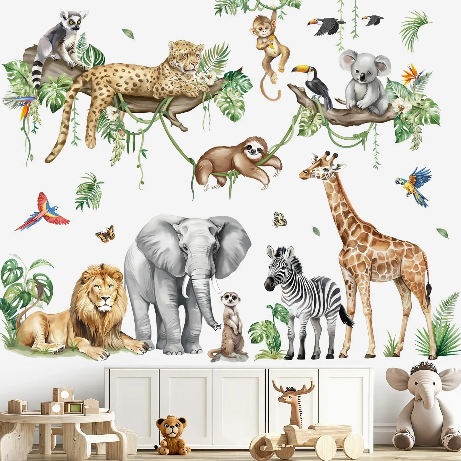 decalmile Pegatinas de Pared Animales de la Jungla Rama Árbol XXL Vinilos Decorativos Safari Elefante Leopardo Jirafa Grande Adhesivos Pared Habitación Infantiles Niños Bebés Guardería