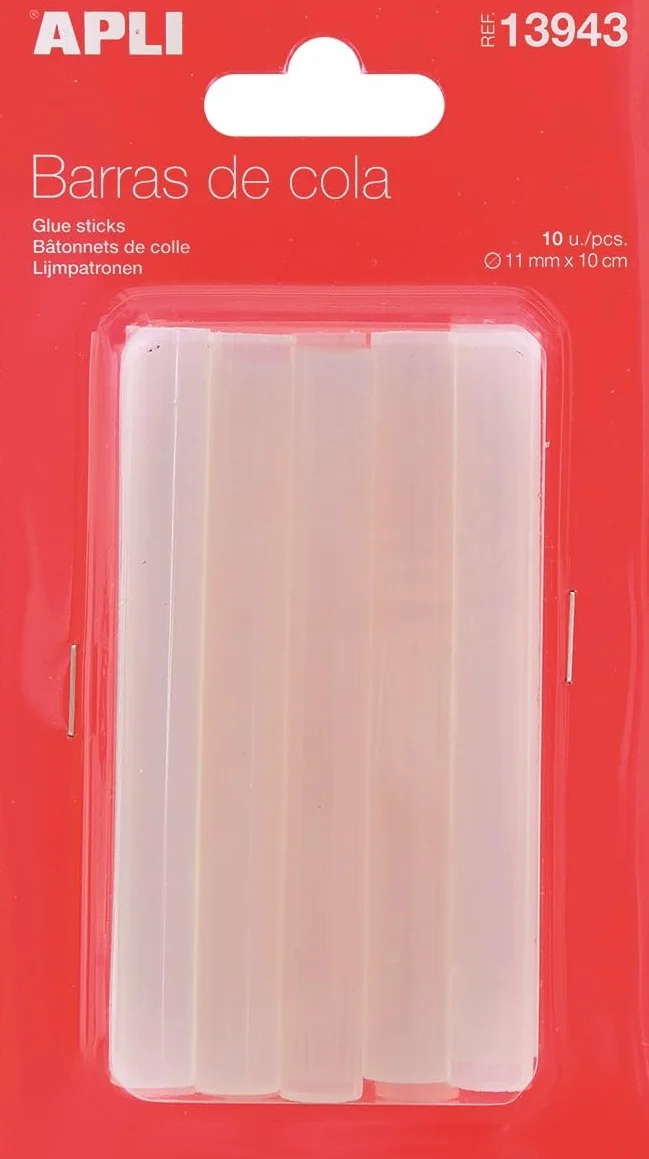APLI 13943- Recambio barras de cola termofusible diámetro 11 mm x 10 cm 10 barras, color transparente