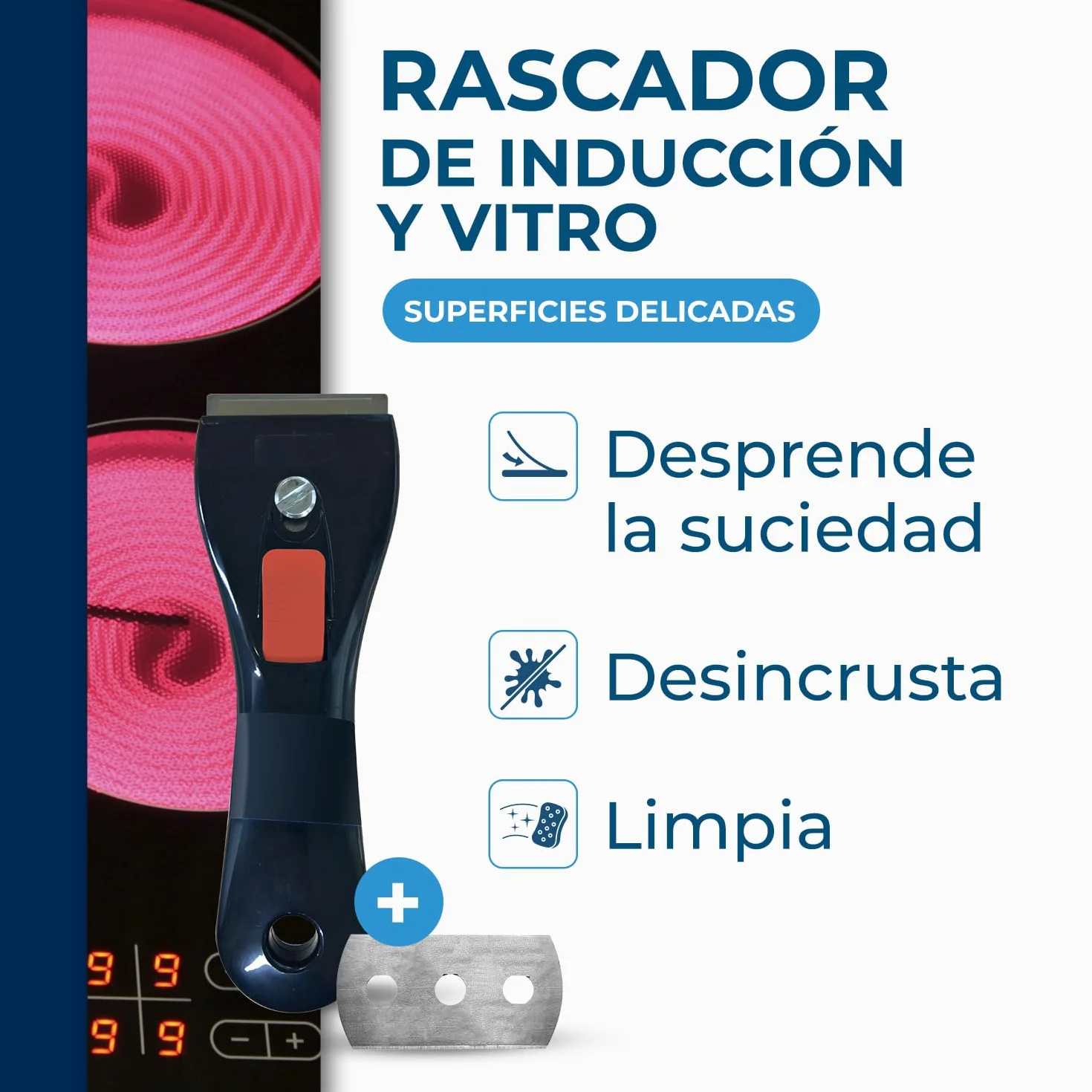 STARWAX – Rascador para placas de vitrocerámica e inducción con cuchilla de recambio de acero inoxidable – Elimina restos de comida y grasa quemada – No raya