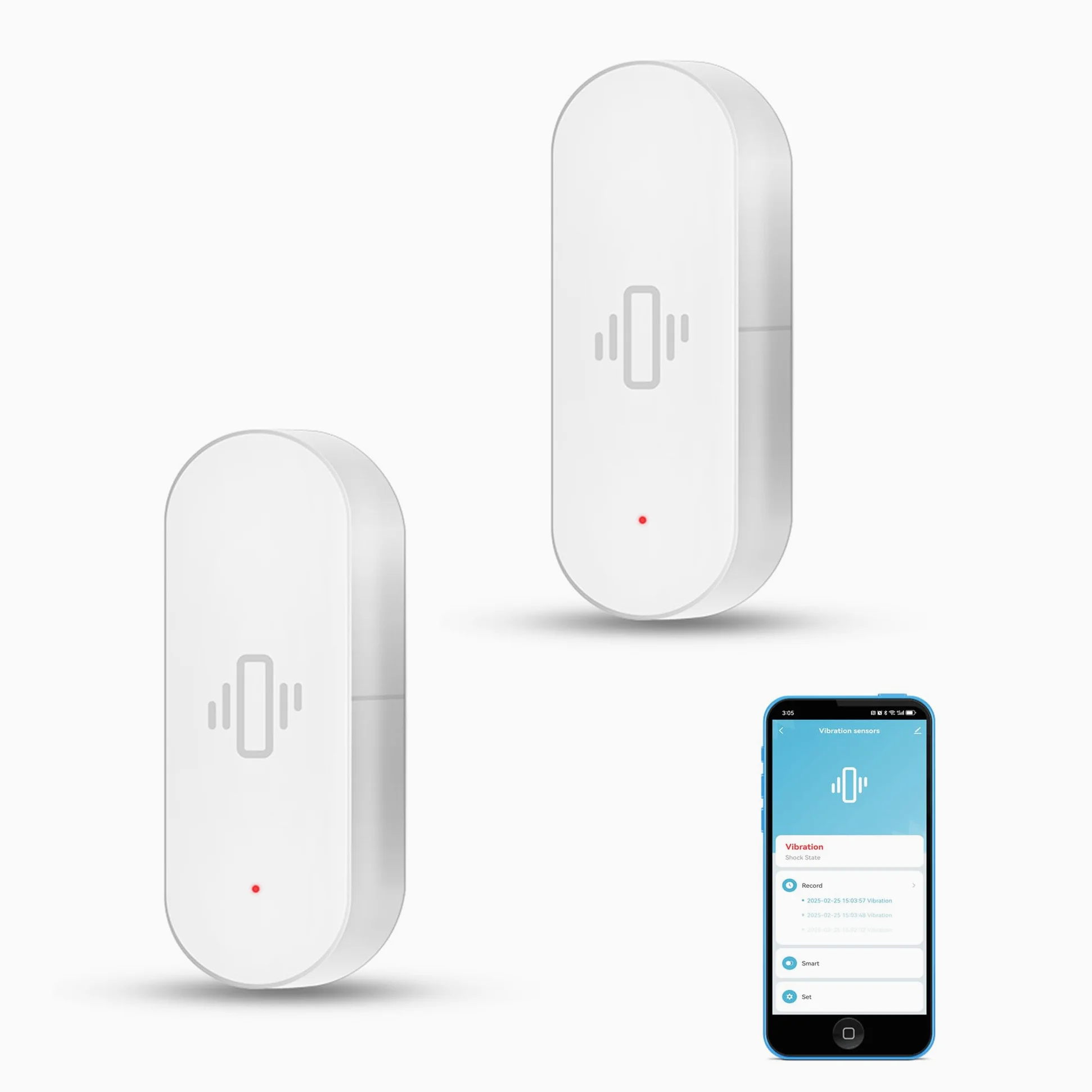 Sensor de vibración Inteligente: Detector de Rotura de Vidrio inalámbrico, Alarma de Puerta WiFi con alertas de aplicación, sensibilidad Ajustable, Sensor de Seguridad para Sistema de Alarma -2Pack