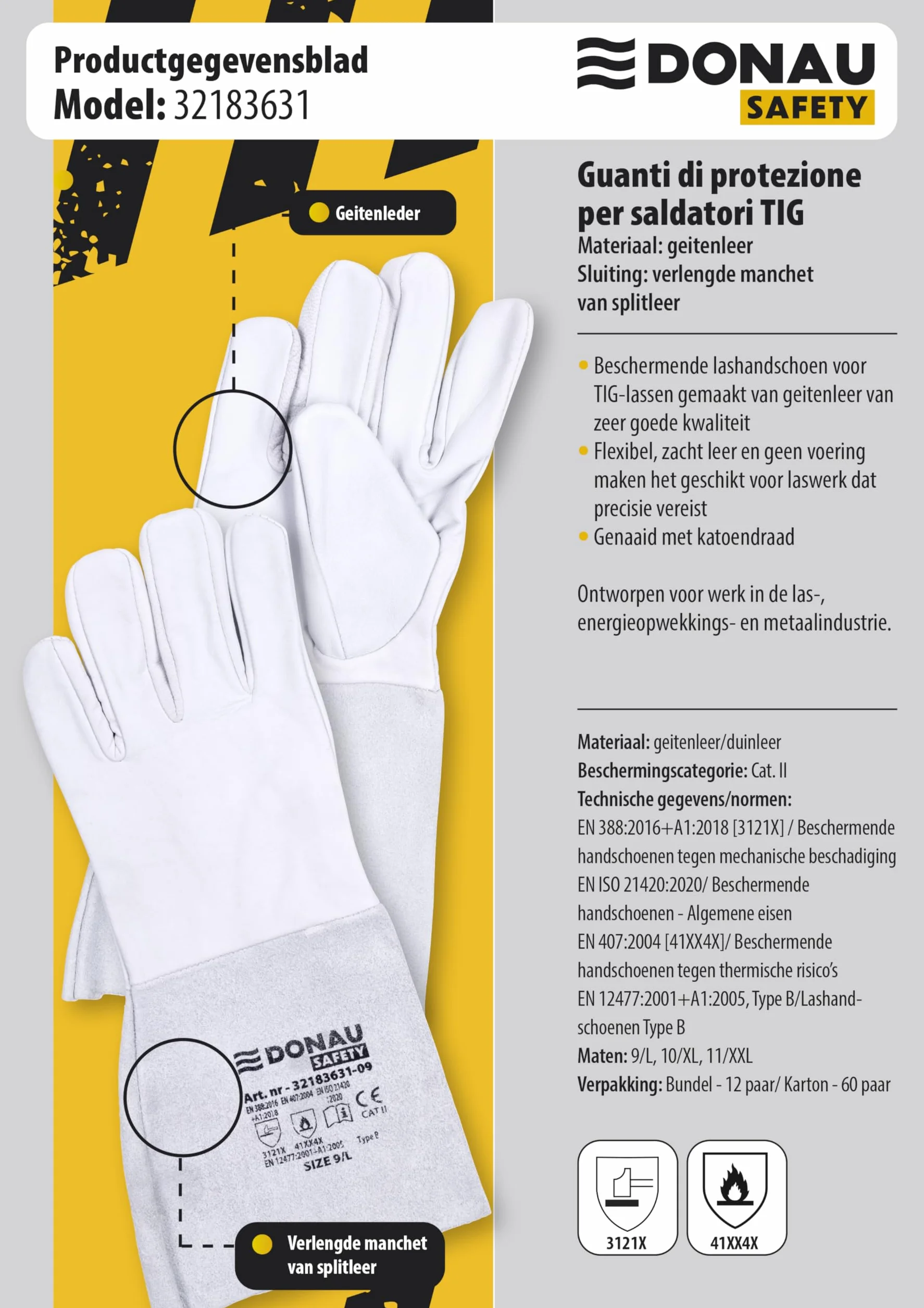 DONAU SAFETY Guante de soldador piel de cabra TIG talla 9 1 par