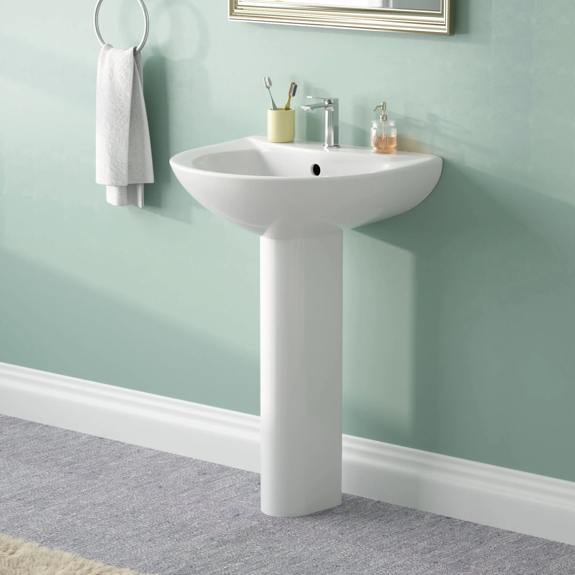 DeerValley Lavabo de pie Lavabo con Pedestal en Cerámica Blanco, con desbordamiento y agujero único preperforado(80 * 52 * 44cm)