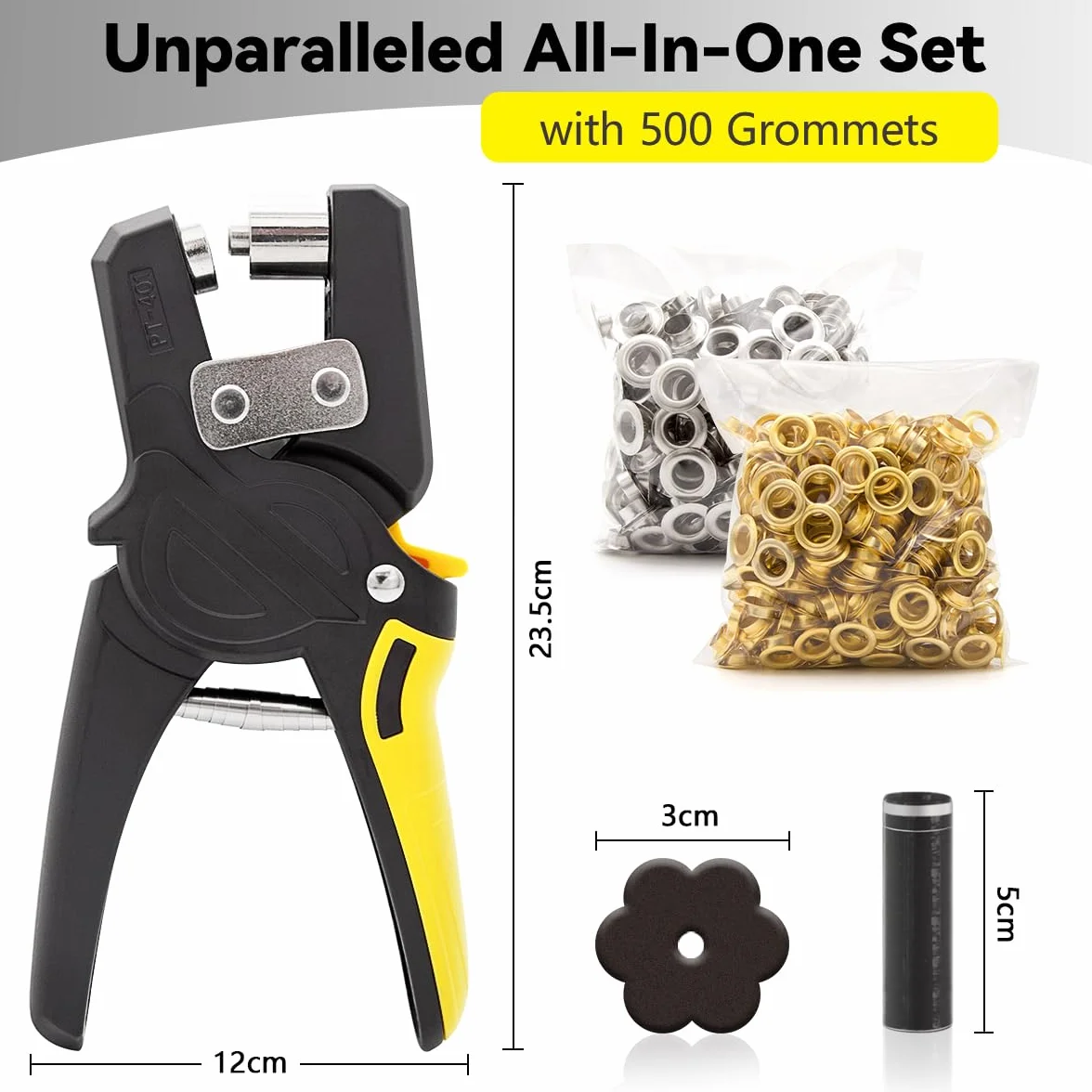 Remachadora Ojales, Alicates Ojal Cerradura con 500 Ojales (Ø Interior 10 mm), Juego de Alicates Profesionale para Lona, Cuero, Cartón, Tela PVC, Lona (Amarillo)