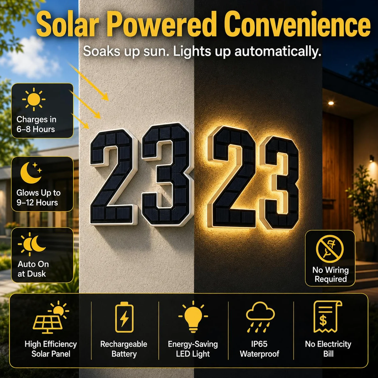 Señal de número de casa solar de 9 pulgadas para exterior, señales de números de dirección LED impermeables grandes, para visibilidad nocturna exterior 7