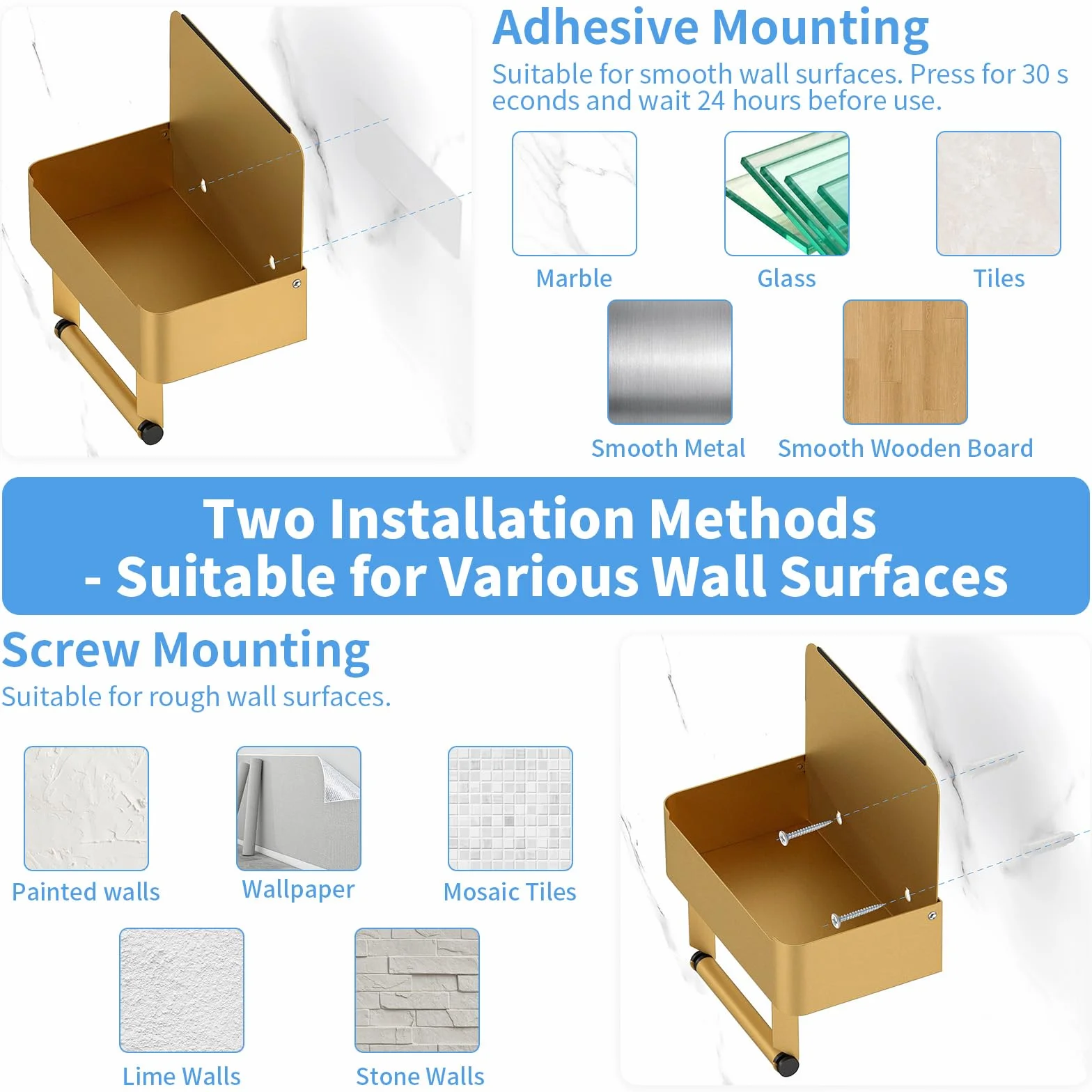 Caja para toallitas húmedas y papel papel higiénico Gypie sin taladrar, soporte dorado y acero inoxidable