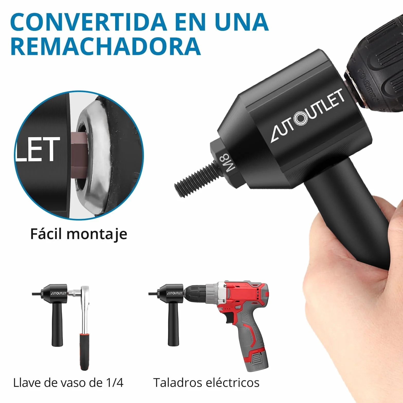 AUTOUTLET Adaptador de Remachadora para Taladro, 5 Mandriles Reemplazables M3-M8, Compatible con Tuercas de Aluminio y Acero (Negro)