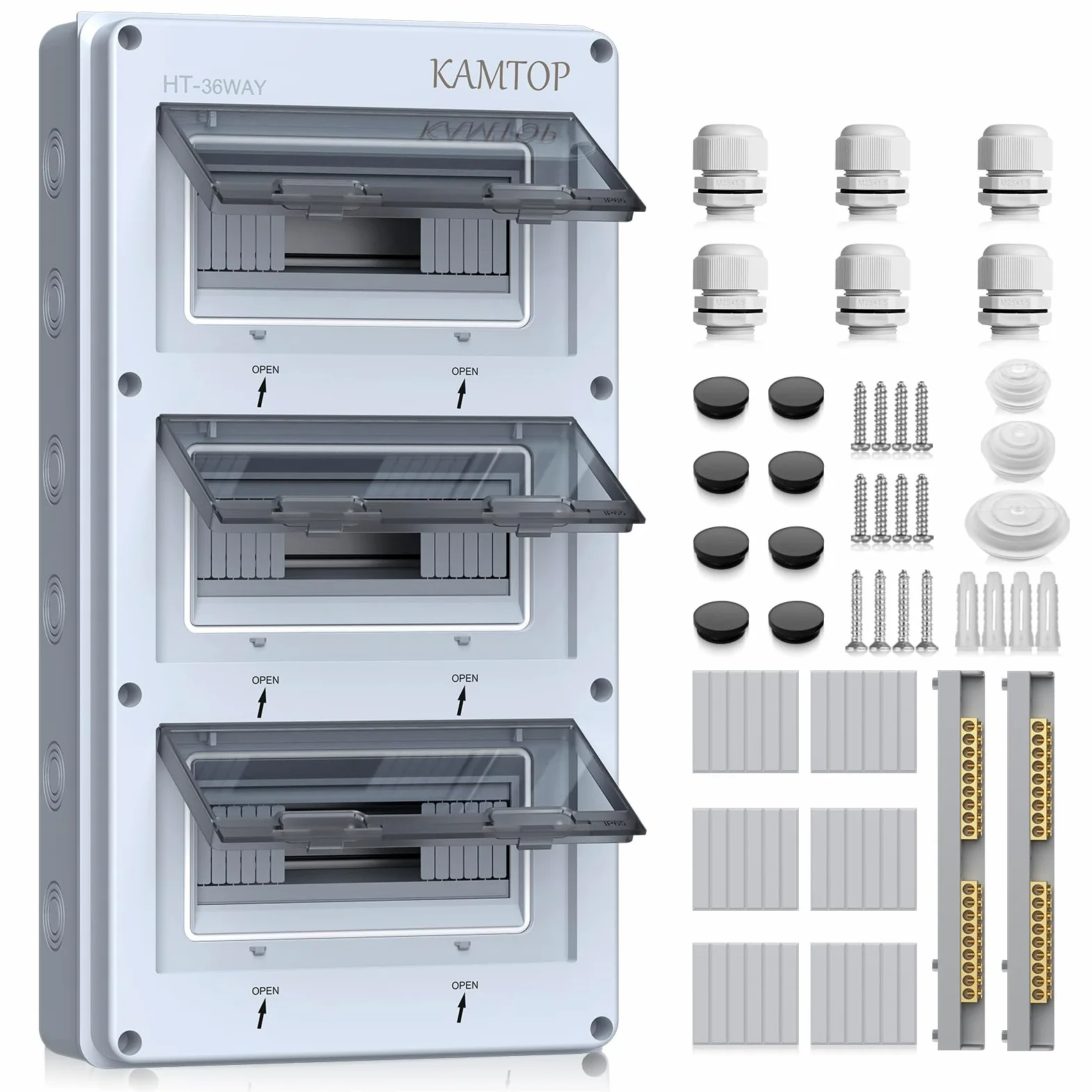 KAMTOP Caja de Distribución 36 Módulos IP65 para Superficie Cuadro Eléctrico Exterior con Tapa Transparente Caja Estanca Impermeable con Carril DIN para Interruptores Automáticos Tomas y Conexiones | Caja para magnetotérmicos con carril DIN Caja de fusibl